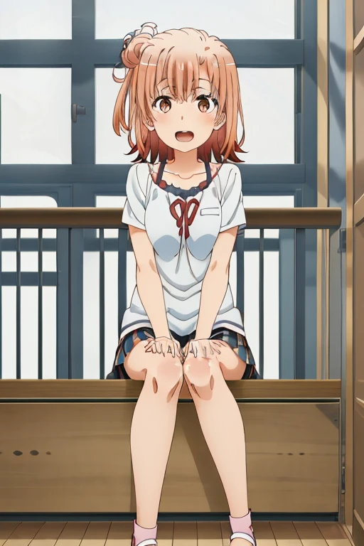 ((highest quality)), ((masterpiece)), (be familiar with), Perfect Face, indoor, Bedroom, Watching the audience,
One woman, Yuigahama Yui,
Open Mouth, Ecstatic expression, blush, smile,
Small breasts, Flat Chest, Young Girl, , , Girl,
Short Hair, Salmon-colored hair, Salmon-colored eyes, Side Pony,
Leg spread,