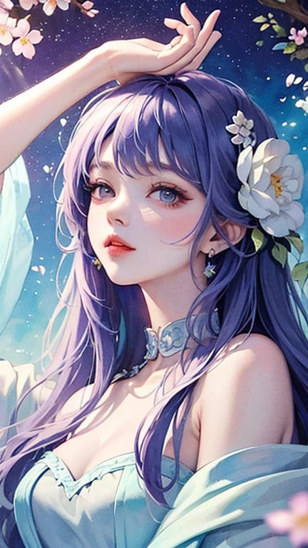 (Best Quality), (Masterpiece: 1.2), (Colorful: 0.9), (Ink Splash), (Color Splash), (Watercolor)), Sharp Focus, (Portrait Summer Goddess: 1.5), Cute Look, Elegant Blue-Violet Haircut, Beautiful and Detailed Face and Eyes, Elegant Clothes, Winter Snow Castle Background, Colored Water