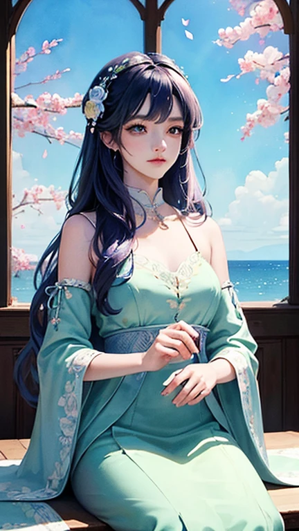 ((masterpiece、top quality))、High contrast、High color saturation、Tidal Games、Luxley、Colored hair、wind、Flying petals、Beautifully decorated stained glass、2D、Line Drawing、watercolor painting、Ink and watercolor、Random color hair、Extra-long hair、wave、beautiful girl、Floral scent、Detailed hand drawing、Look at the audience