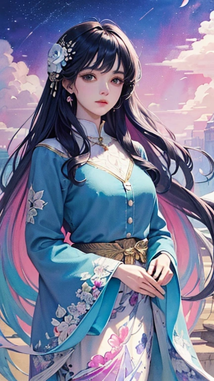 ((masterpiece、top quality))、High contrast、High color saturation、Tidal Games、Luxley、Colored hair、wind、Flying petals、Beautifully decorated stained glass、2D、Line Drawing、watercolor painting、Ink and watercolor、Random color hair、Extra-long hair、wave、beautiful girl、Floral scent、Detailed hand drawing、Look at the audience