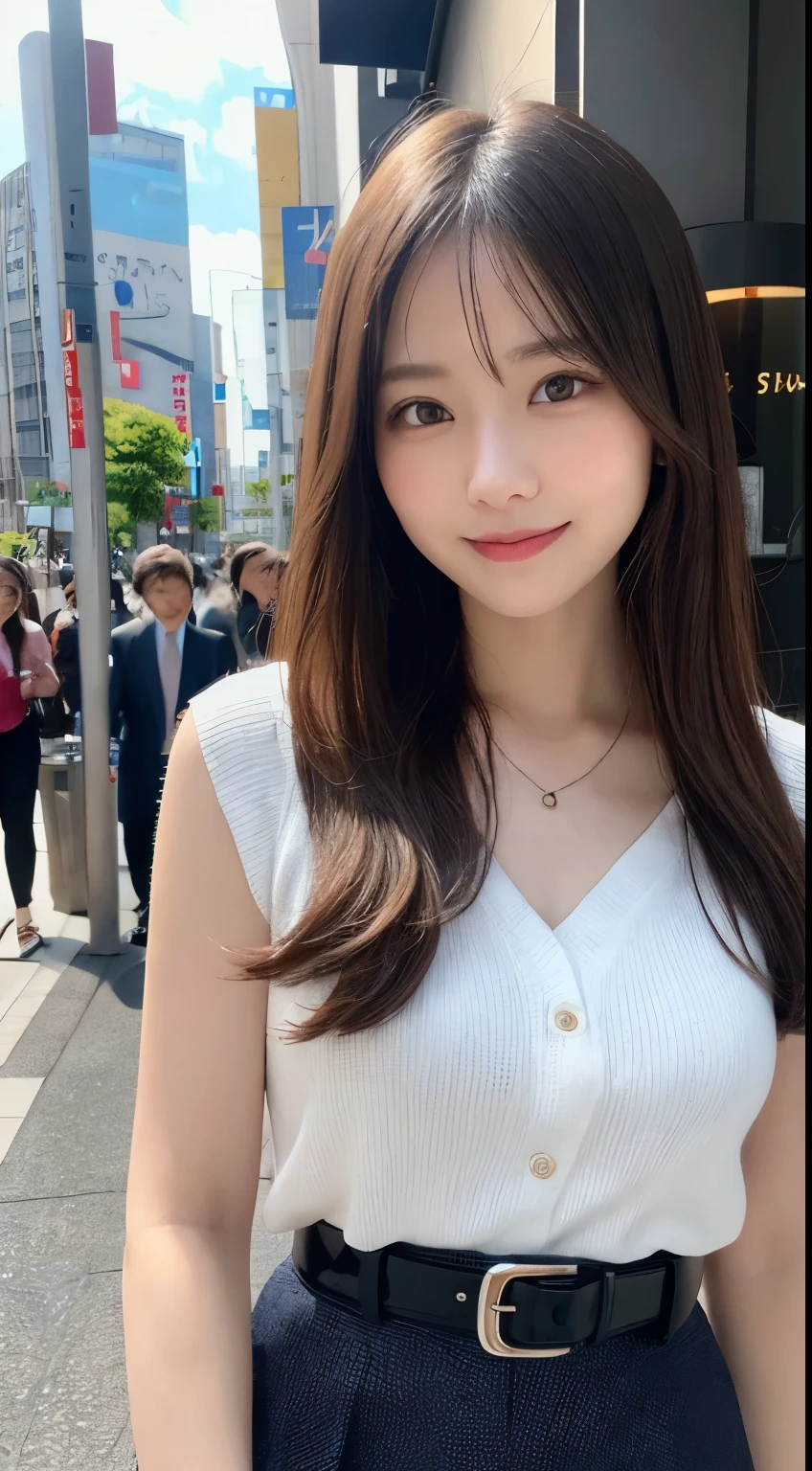 Tabletop、highest quality、Genuine、Very detailed、finely、High resolution、8k wallpaper、One beautiful woman、、、light brown disheveled hair、Wear a business suit、Sharp focus、Perfect dynamic composition、Beautiful and detailed、Thinning hair、詳細なGenuineな肌の質感、smile、Close-up portrait、Model Body Type、smile、29-year-old Japanese woman、Blue summer knit、skirt、Black Patent Leather Belt、necklace,tote bag,Straight Long Hair, Center of chest, Natural color lip, Random sexy poses,smile,In front of a cafe near Tokyo Station,The whole body is shown,Anatomically correct body