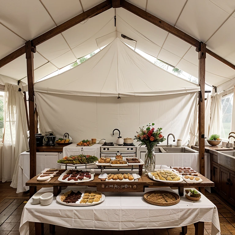 Festive buffet setup in old Philippine kitchen in white tent