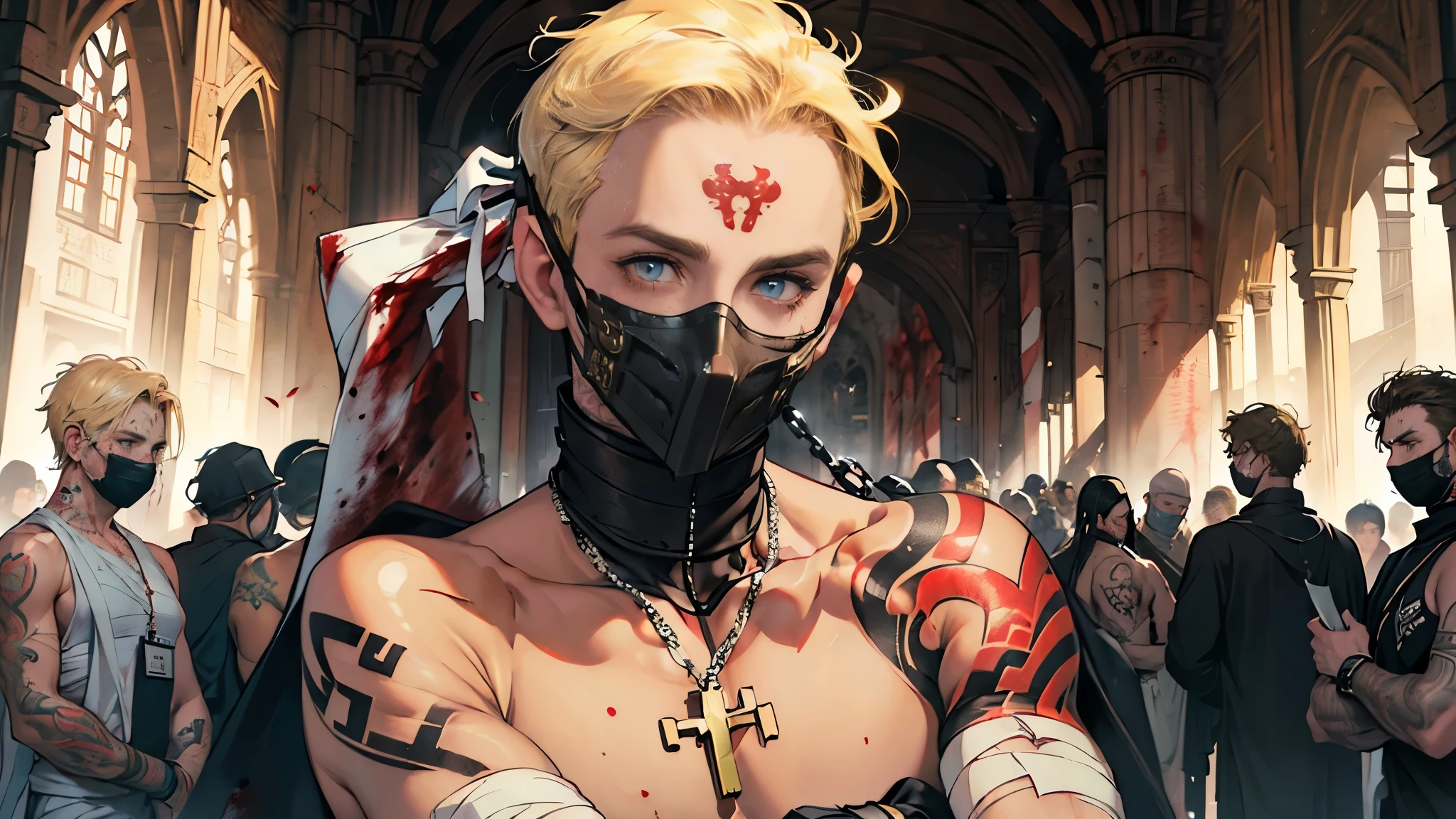 masterpiece, ultra detailed, 8k portrait, RAW photo, portrait photography, highly detailed face, beautiful and meticulous eyes, ((Fantasy)), 1 man, solo, adult, standing dynamic pose, (iron full face mask:1.5), (((Blonde short hair, forehead))), (tattoo on arms:1.5), ((slave trader)), key shape necklace, (((cloth))) fluttering in the wind, (Bloody bandages wrapped all over the body:1.5), (fetters:1.2), (((holding a chain))), Midday Sun, hyper realistic, Body model, Long legs, in the medieval crowded street, Ambient lighting, Shadow details, Camera focus on face, strong breeze, Light fog
