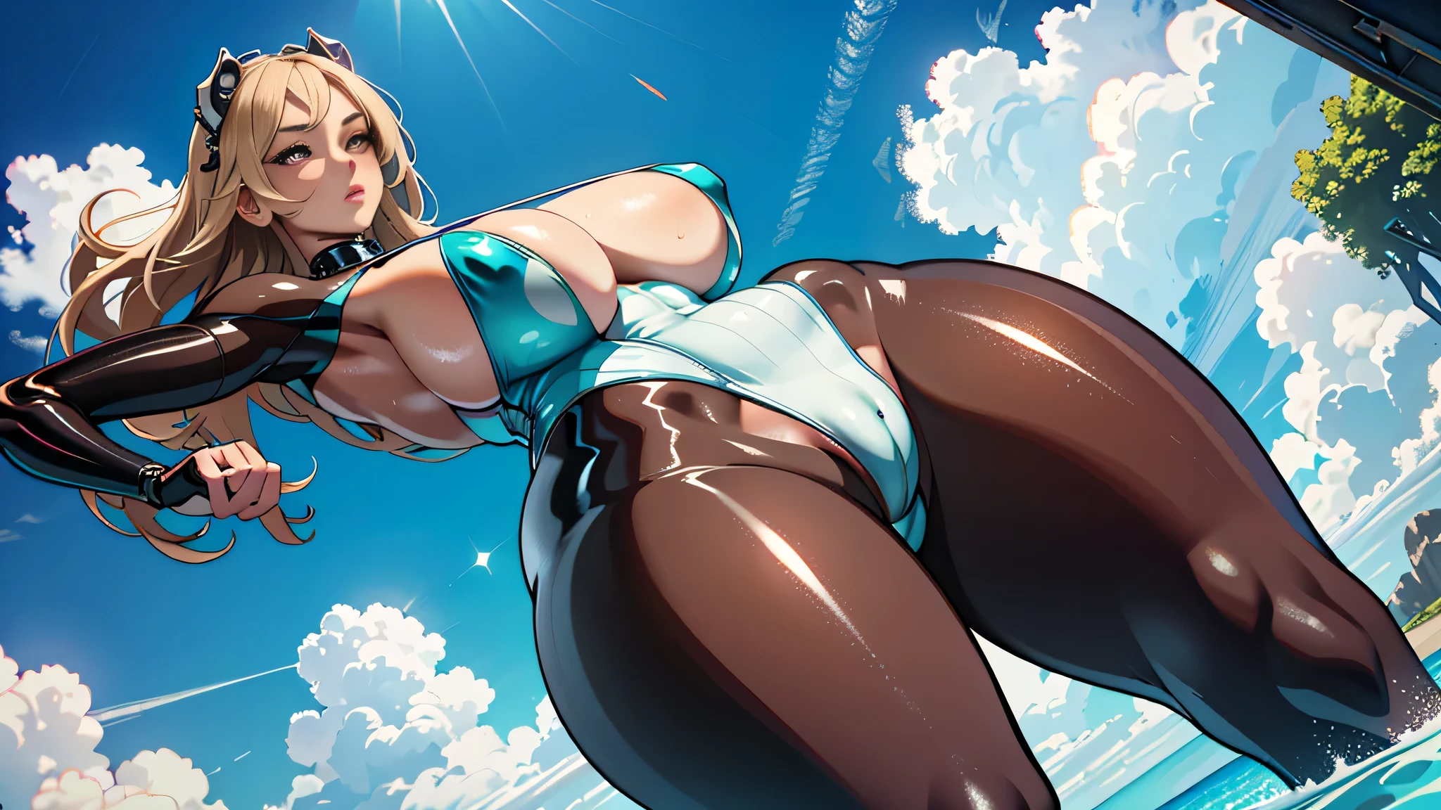 A girl in a , cute and sexy buttocks, thick, biomechanical breasts, wet swimsuit, giant art, breasts, breast proportions, breasts, perfectly shaded realistic body, [4K digital art]!!, glossy wet skin,cameltoe,from below
