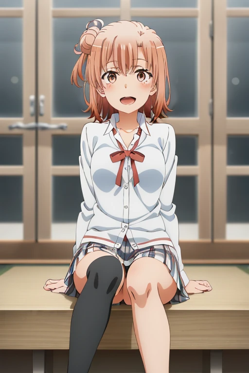 ((highest quality)), ((masterpiece)), (be familiar with), Perfect Face, indoor, Bedroom, Watching the audience,
One woman, Yuigahama Yui,
Open Mouth, Ecstatic expression, blush, smile,
Small breasts, Flat Chest, Young Girl, , , Girl,
Short Hair, Salmon-colored hair, Salmon-colored eyes, Side Pony,
Leg spread,