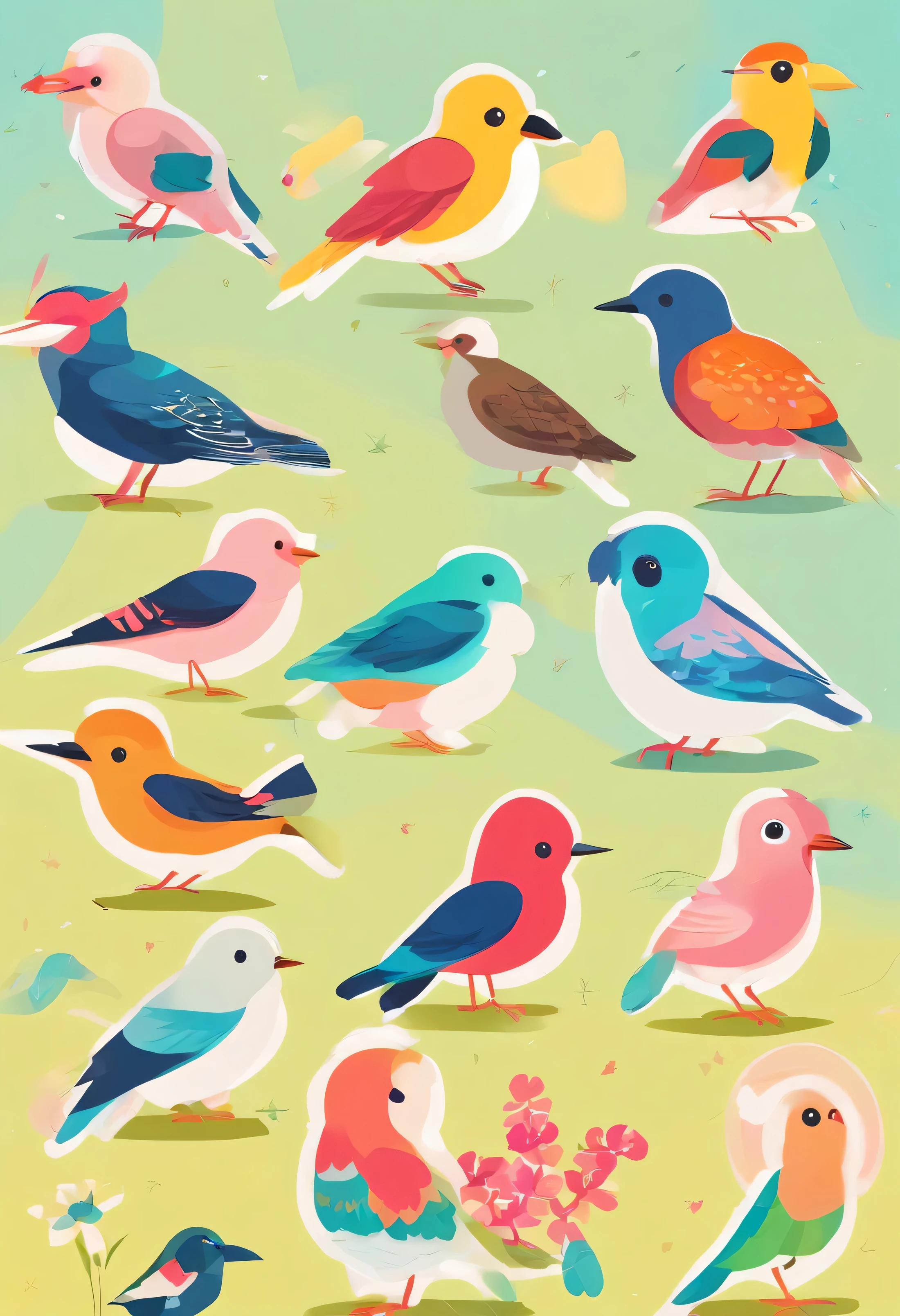 Flat design minimalism illustration, 12 birds, sparrow, sun bird, crow, dove, tit, hummingbird, kingfisher, magpie, horn bill, egret, falcon, flamingo, flat, only 2 colors, vector graphic, simplistic