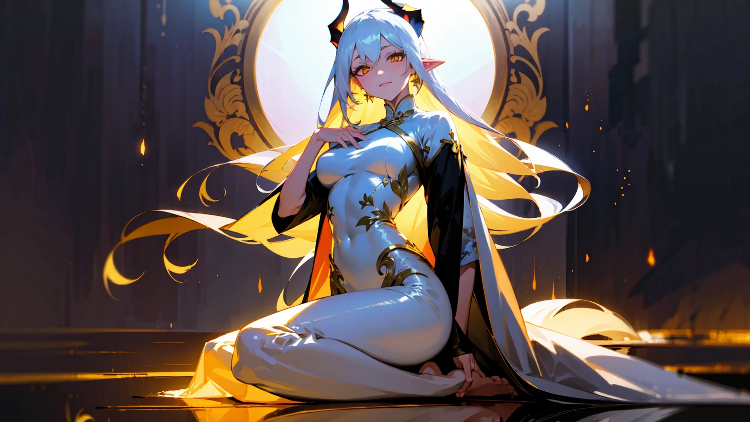 (best quality,highres,masterpiece:1.2),(flatten art:0.75), masterpiece, best quality, 1woman, Anime, darker environment, ruins, white horns, long straight white hair, golden hair ornaments, white ao dai, golden demon eyes, pointy ear, large breast, enticing, night, dark, looking at viewer, solo, faint moonlight, smirks, close-up, barefoot