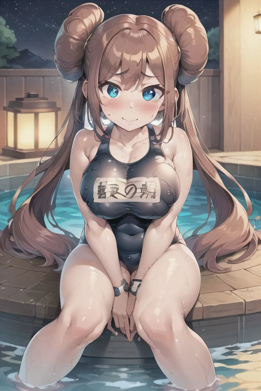 (((masterpiece))), ((highest quality)), ((Very detailed)), ((High resolution)), ((8k)), ((Anatomically correct)), One Woman, Big Breasts, Chestnut Hair, Bun hair, Long Hair, Twin tails, Very cute woman, delicate, Charming smile, Blue eyes, Bright Eyes, Best moment, Vivid eyes, cute, Beautiful Skin, cute顔, delicateな腕, Detailed skin texture, Intricate details, Very detailedな顔, Beautiful Eyes, Beautiful curves, View your viewers, Pool at night, Sweat, School Swimsuit, Overall image, Hold your knees, Triangle sitting,