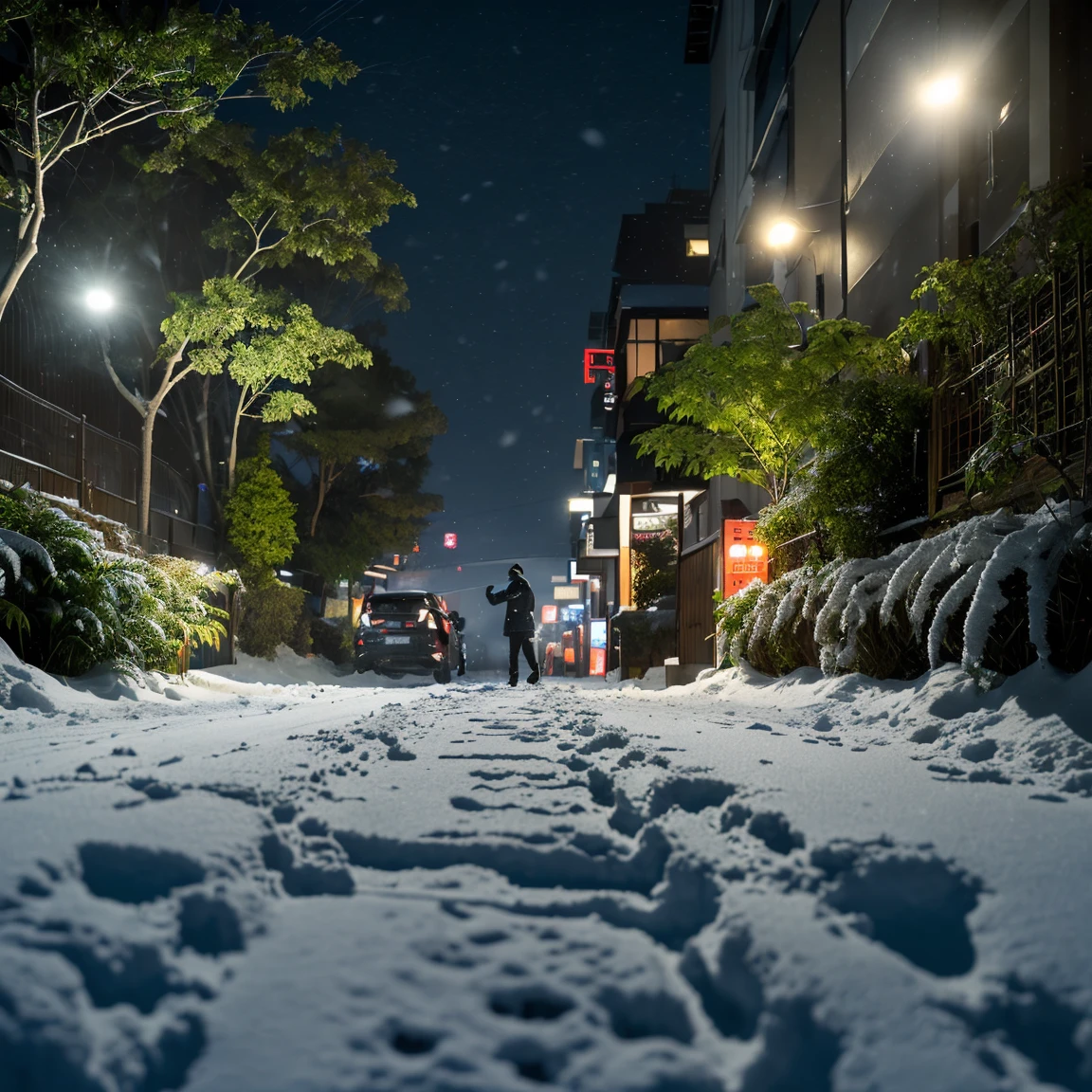 ((masterpiece)), ((top-quality)), (hight resolution:1.4), (extremely detailed CG unified 8k wallpaper),(Near and far law),Ray Tracing,(A city turned into a jungle:1.5),(depth of field),(beautiful night scene:1.4),(projected inset),(((very dark background))),(Midnight:1.4),midwinter,(cloudy ash sky:1.2),(Detailed Shinjuku Gyoen National Garden;1.4),(Detailed ruins:1.4),(In the midst of falling snow:1.4),(from behind),((Chilling Wind)),(Large snow:1.4),TOKYOcty,Shinjuku,By Shinkai Makoto,(Garden of Words:1.3),((Detailed distant cityscape)),Residential area,condominium,apartament,Photorealsitic,Background Focus,Panoramic shooting,f/2.8,35m