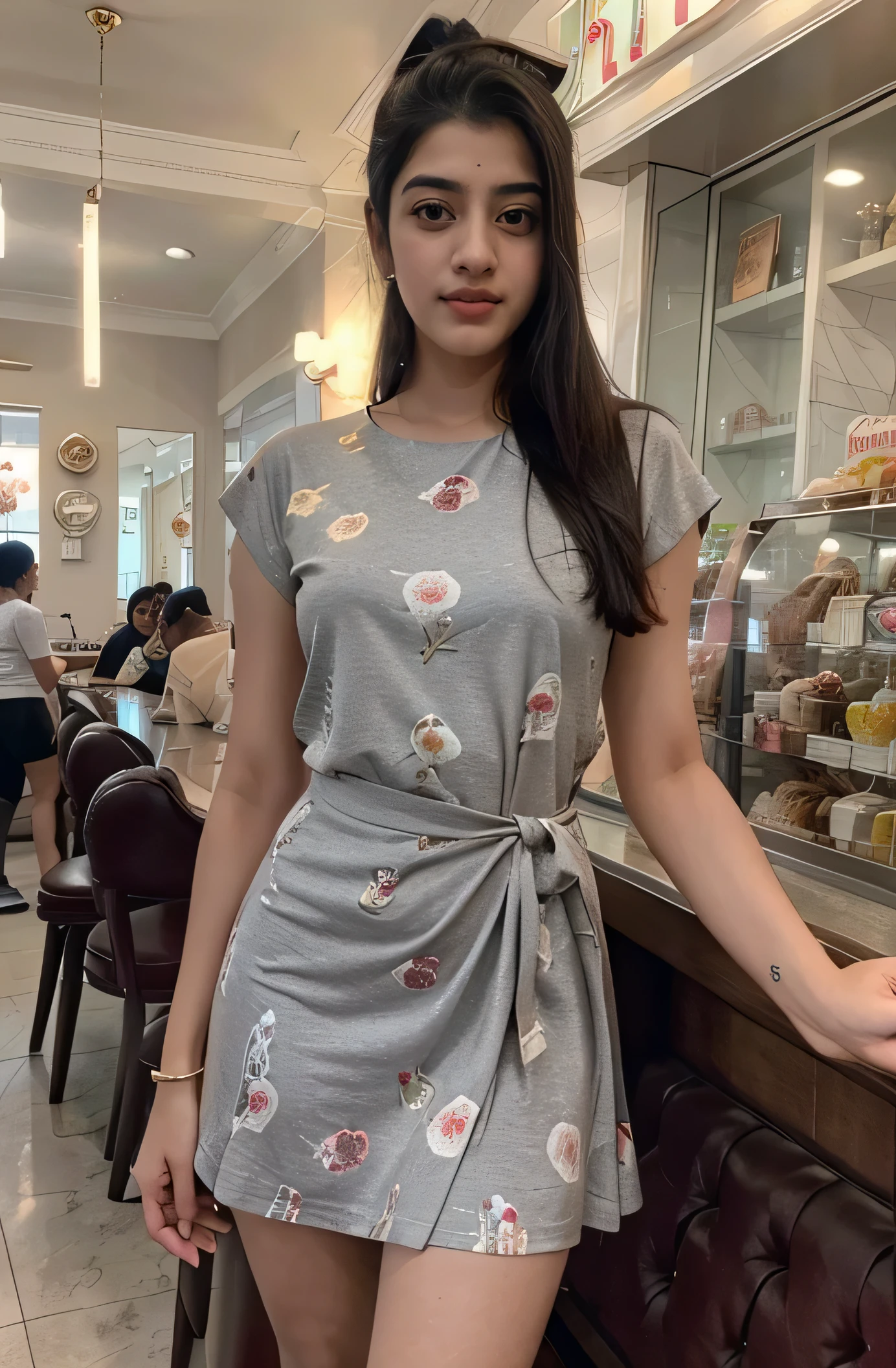 21 yo Indian women Ananya Pandey wearing grey printed Classic Fabulous Women short Dresses, icecream parlour perfect anatomy realistic realism 4x ultra sharp, 4k