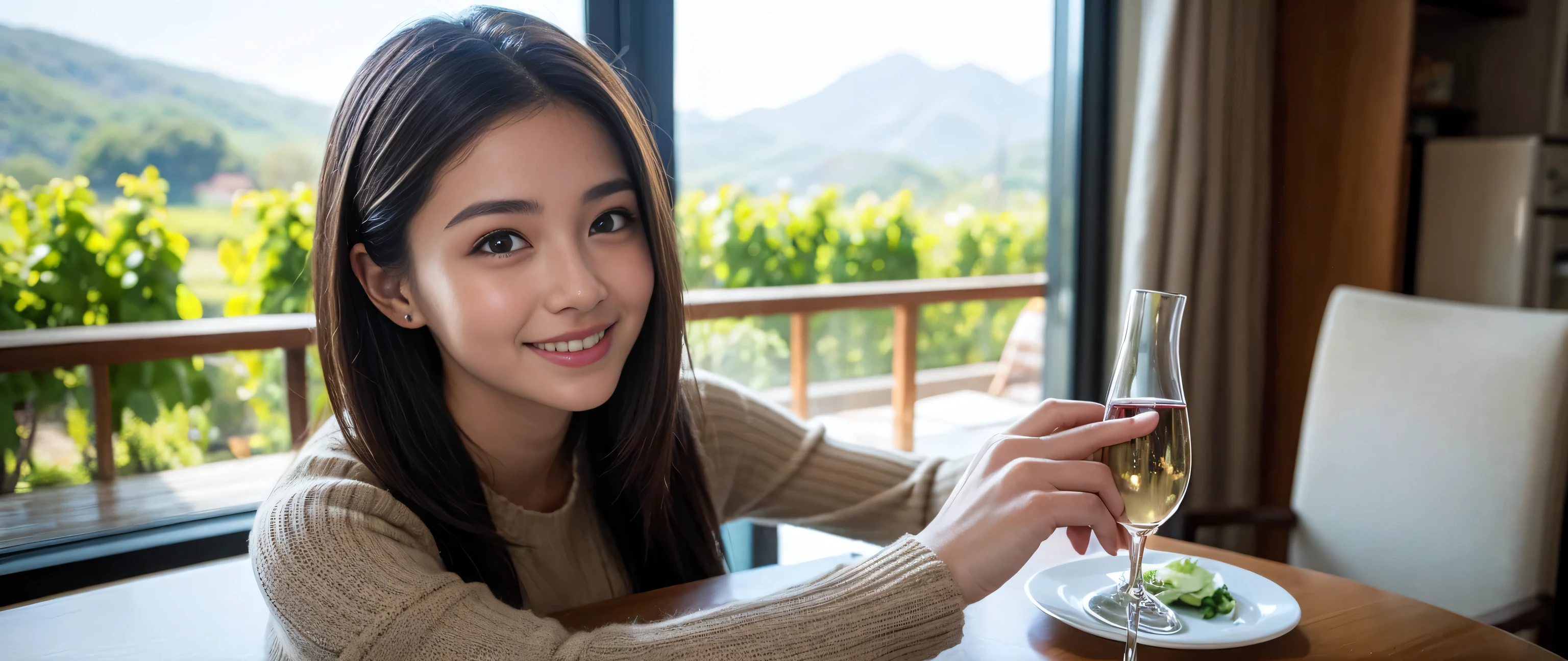 ((highest quality、8k、masterpiece:1.3))、Sharp focus:1.2、Beautiful woman perfect body:1.4、Slim body、((Bob Hale、Straight hair:1.2))、(to be born, highest quality, masterpiece:1.5), (Realistic, Intricate details:1.2), Wine on the table、, shine a light on your face、Amazing view of the sunset sky and clouds、Amazing mountain views、A bright smile、A lovely woman with a smile、Bright image、 The beauty of wine, Beautiful Face, blue eyes, The light shines on your face, Blushing, short hair,Bright Face、Fox face、 (42 years old), 39 years old, Lady、red wine 、Appetizers、Italian food、Wine bottle、Champagne、sparkling wine、Two beauties、Brown Hair、Shortcuts、Long sleeve shirt、dress、Pretty Woman 1, (Slim face), (The body is slim), (Brown Hair), (Shortcuts), cheeks turn a little red,Attractive beauty、, Out of the window, A beautiful and detailed night view unfolds.........., restaurant, In a prominent place (From the waist up) Nova Frog Style, actress, model, Upper Body, White wine, slim, wine glass, A wine glass placed in the middle, smile, (smile: 1.15), Beautiful fine grain, Depth f/2,saturation, High Contrast, Strong light and shadow,Moist Body:1.5、3D texture、Delicate eyes、Brown Hair、The hair is very shiny、