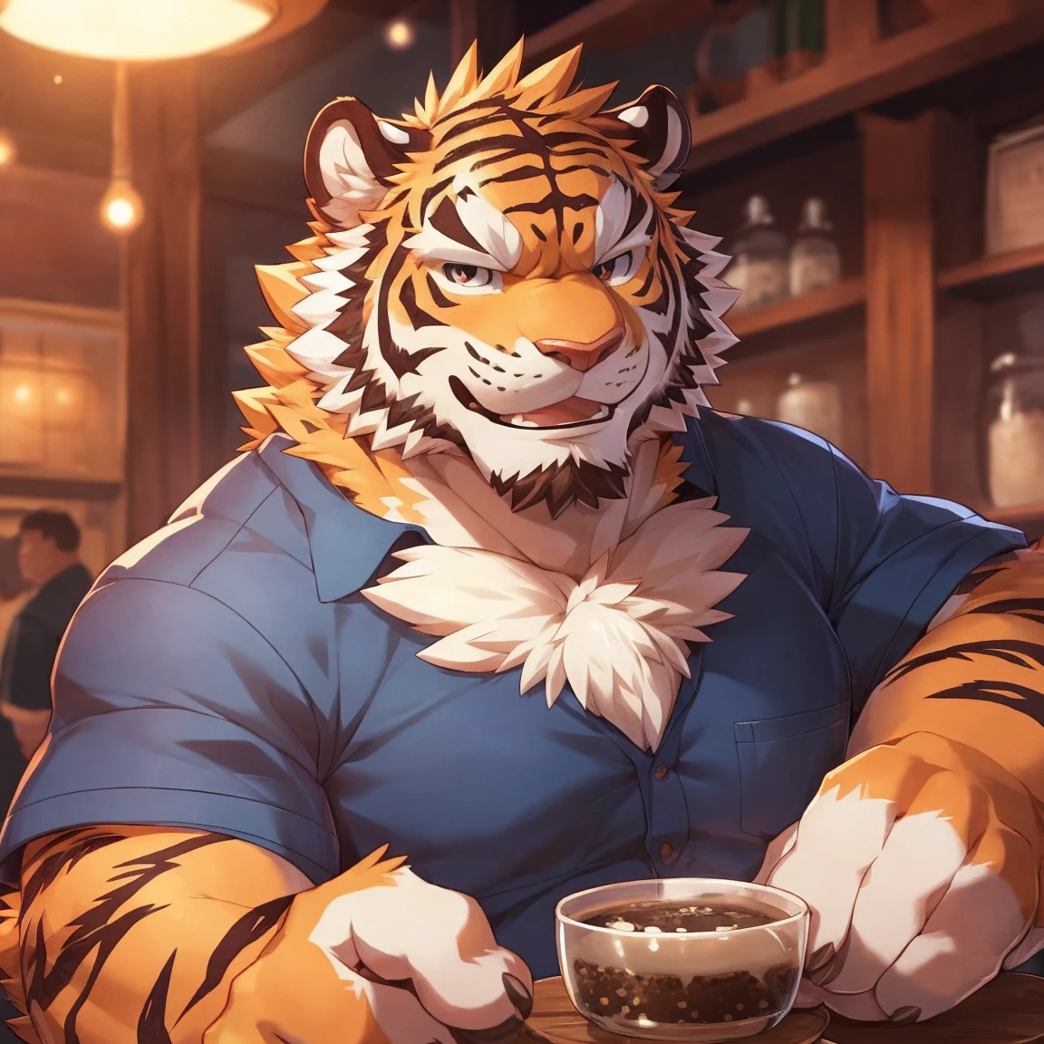 human nature, cannon, male, Solitary, ((Round Face, The face is plump, thick beard)), ((Endomorph, Handsome)), (Modern shirt), ((domestic tiger, tiger) Fluffy fur, Fluffy), (In the milk tea shop), Bokeh, (high quality, high resolution, masterpiece), (Dynamic Lighting, Vibrant colors), (Generous smile), (Face focus), Front view (close up), cartoon, author：Takemoto Arashi, by zixiong, By Chunni, author：Empty Ghost