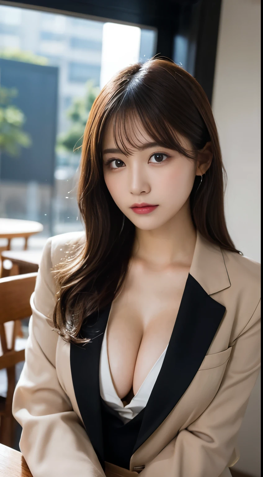 Tabletop, highest quality, shape, Very detailed, finely, High resolution, 8k wallpaper, 完璧なダイナミックな構shape, Beautiful and beautiful eyes,  Natural Lip,blazer ,, Cleavage, whole body