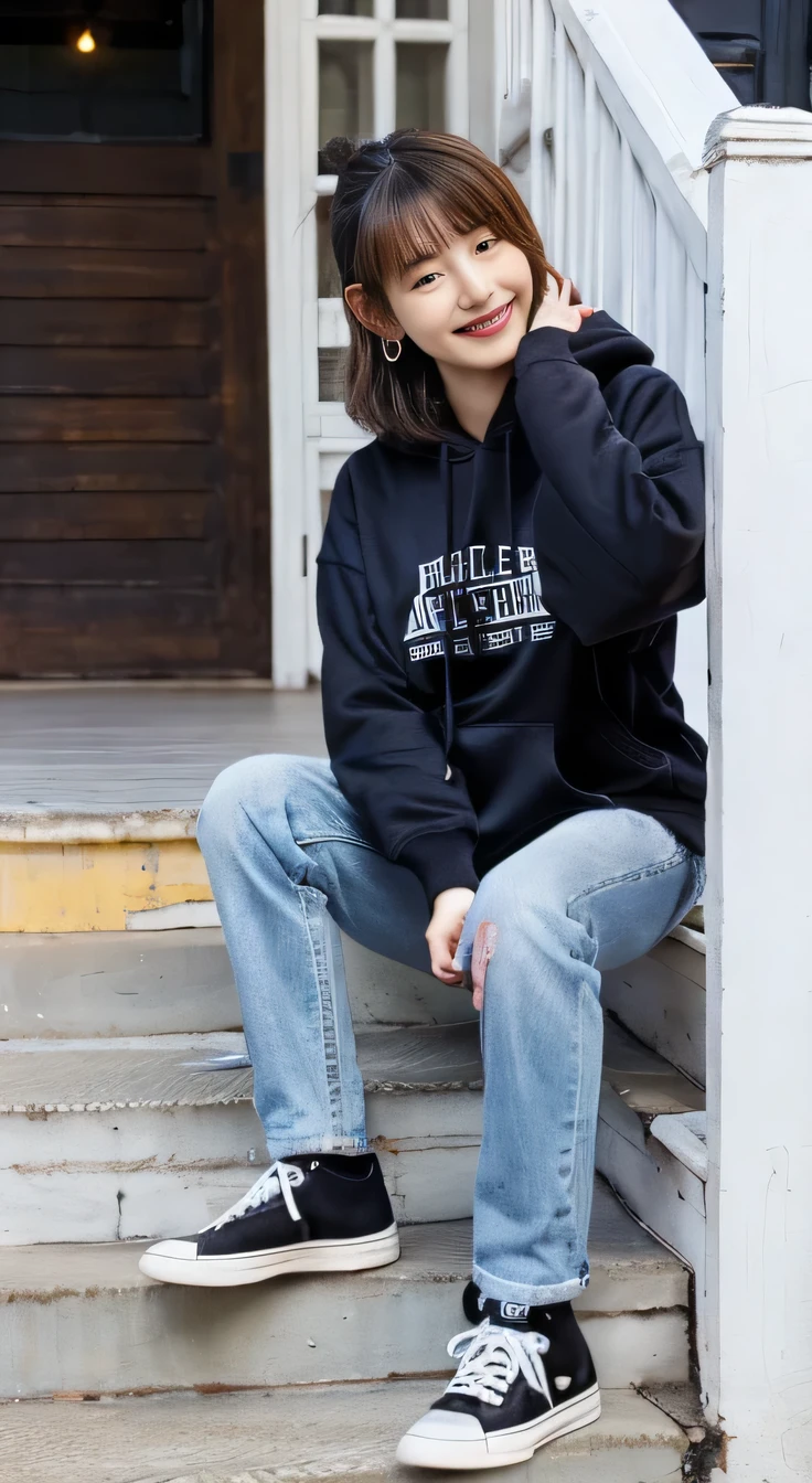highest quality, Realistic, Very detailed, Finer details, High resolution, 8k wallpaper, One beautiful woman,Sit on the stairs、smile、 Oversized hoodie, Skinny jeans,( Black sneakers)、Black Hair、 Beautiful Bangs、ear piercing、Perfect dynamic composition, Beautiful and detailed, Full Body Shot, A big smile waiting to start