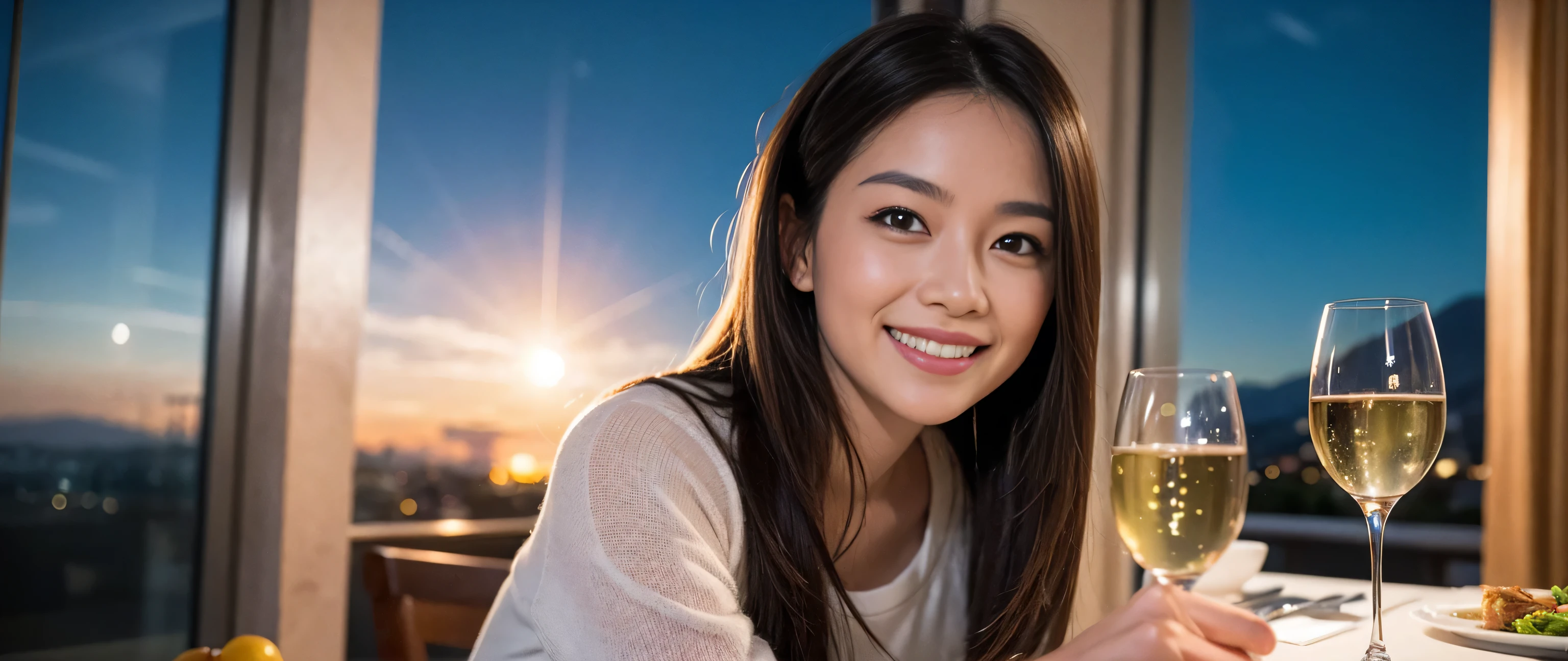 ((highest quality、8k、masterpiece:1.3))、Sharp focus:1.2、Beautiful woman perfect body:1.4、Slim body、((Bob Hale、Straight hair:1.2))、(to be born, highest quality, masterpiece:1.5), (Realistic, Intricate details:1.2), Wine on the table、, shine a light on your face、Amazing view of the sunset sky and clouds、Amazing mountain views、A bright smile、A lovely woman with a smile、Bright image、2. The beauty of wine, Beautiful Face, blue eyes, The light shines on your face, Blushing, short hair,Bright Face、Fox face、 (41 years old), 39 years old, Lady、red wine 、Appetizers、Italian food、Wine bottle、Champagne、sparkling wine、Two beauties、Brown Hair、Shortcuts、Long sleeve shirt、dress、Pretty Woman 1, (Slim face), (The body is slim), (Brown Hair), (Shortcuts), cheeks turn a little red,Attractive beauty、, Out of the window, A beautiful and detailed night view unfolds.........., restaurant, In a prominent place (From the waist up) Nova Frog Style, actress, model, Upper Body, White wine, slim, wine glass, A wine glass placed in the middle, smile, (smile: 1.15), Beautiful fine grain, Depth f/2,saturation, High Contrast, Strong light and shadow,Moist Body:1.5、3D texture、Delicate eyes、Brown Hair、The hair is very shiny、