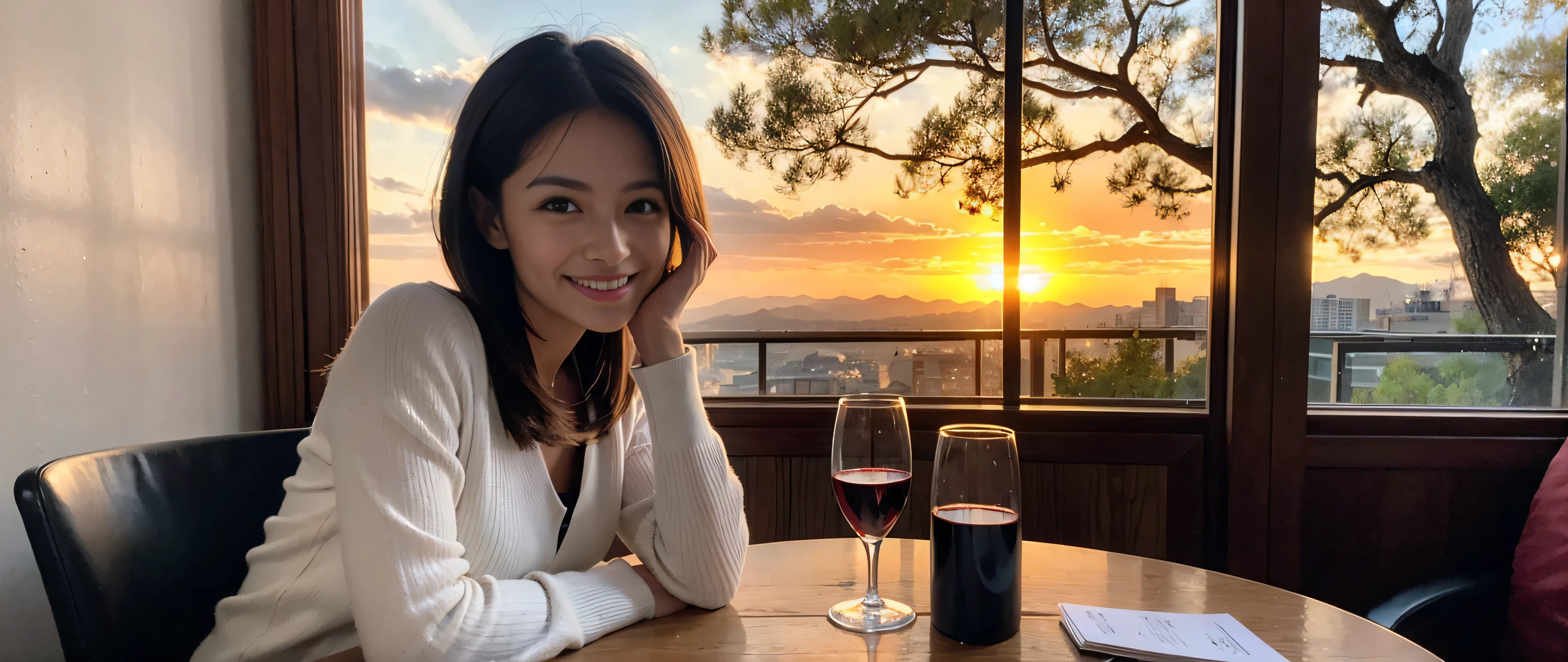 ((highest quality、8k、masterpiece:1.3))、Sharp focus:1.2、Beautiful woman perfect body:1.4、Slim body、((Bob Hale、Straight hair:1.2))、(to be born, highest quality, masterpiece:1.5), (Realistic, Intricate details:1.2), Wine on the table、, shine a light on your face、Amazing view of the sunset sky and clouds、Amazing mountain views、A bright smile、A lovely woman with a smile、Bright image、2. The beauty of wine, Beautiful Face, blue eyes, The light shines on your face, Blushing, short hair,Bright Face、Fox face、 (41 years old), 39 years old, Lady、red wine 、Appetizers、Italian food、Wine bottle、Champagne、sparkling wine、Two beauties、Brown Hair、Shortcuts、Long sleeve shirt、dress、Pretty Woman 1, (Slim face), (The body is slim), (Brown Hair), (Shortcuts), cheeks turn a little red,Attractive beauty、, Out of the window, A beautiful and detailed night view unfolds.........., restaurant, In a prominent place (From the waist up) Nova Frog Style, actress, model, Upper Body, White wine, slim, wine glass, A wine glass placed in the middle, smile, (smile: 1.15), Beautiful fine grain, Depth f/2,saturation, High Contrast, Strong light and shadow,Moist Body:1.5、3D texture、Delicate eyes、Brown Hair、The hair is very shiny、