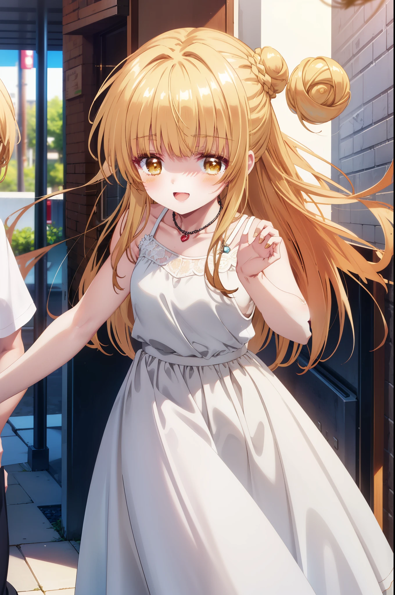 mahirushiina, Mahiru shiina, blonde, (Brown eyes:1.7), Long Hair, happy smile, smile, Open your mouth,Hair Bun, single Hair Bun,blush,Open your mouth,Locket Necklace,Sleeveless dress,Long skirt skirt,Cute heeled sandals、Walking,
break looking at viewer, whole body,crowd, people々々,
break outdoors, In town,Building district,
break (masterpiece:1.2), highest quality, High resolution, unity 8k wallpaper, (shape:0.8), (Beautiful details:1.6), Highly detailed face, Perfect lighting, Extremely detailed CG, (Perfect hands, Perfect ???????),