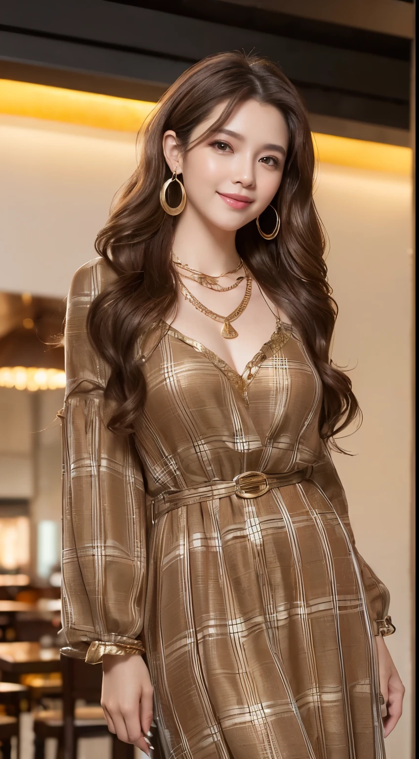 masterpiece, highest quality, realistic, Super detailed, small details, High resolution, 8k wallpaper, 1 beautiful woman, wear casual business wear, in a great restaurant, At night, light brown messy hair, perfect dynamic composition, beautiful and detailed eyes,((Hair with loose waves inside:1.2)),((gold necklace_Large earrings:1.2)),((Super long brown hair:1.2))、fullbody shot、((full figure supermodel standing, entire body in frame))、((look down at the viewer,from below:1.5))(Complex and bold plaid dresses:1.3)),((shy smile:1.3))