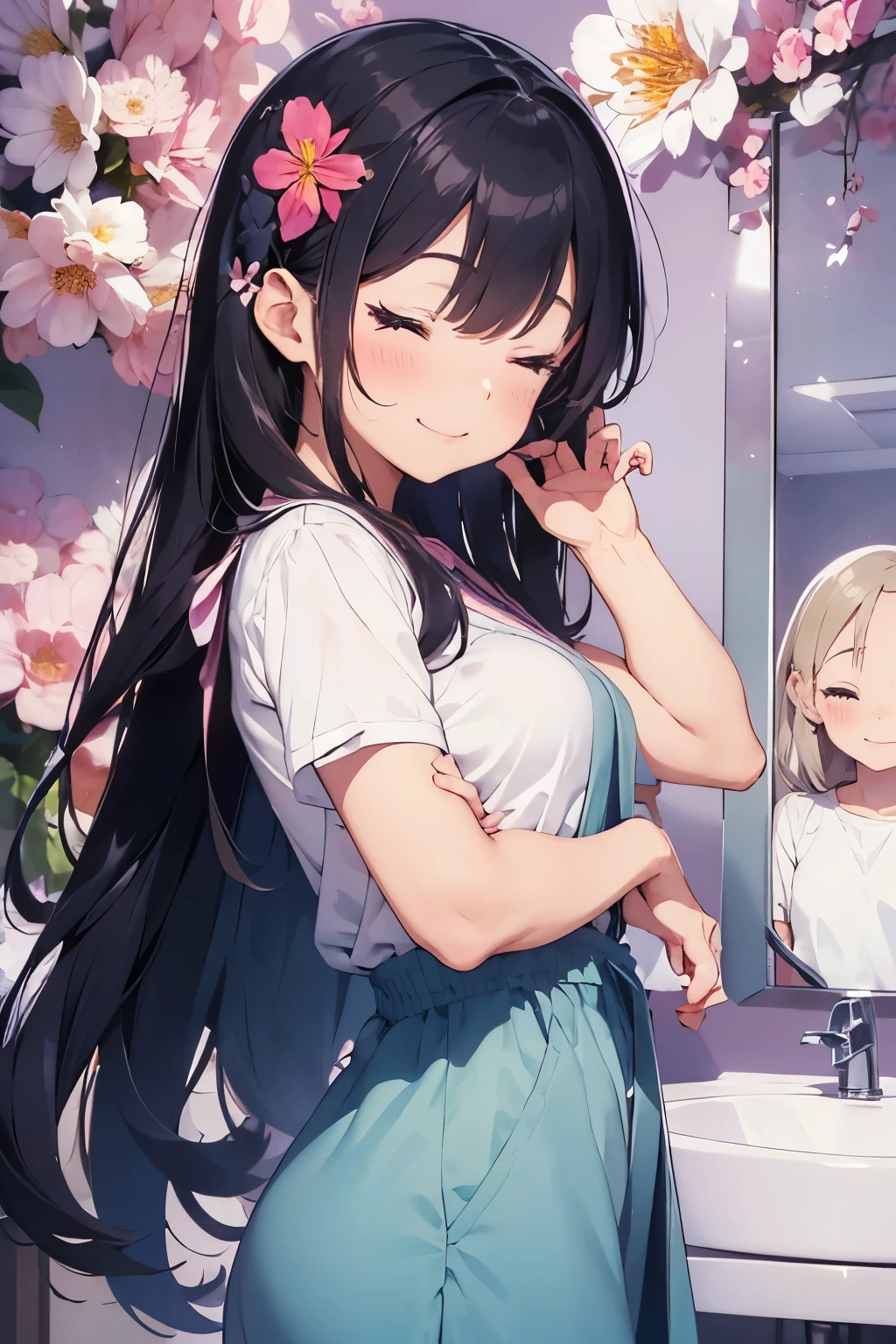 best quality, animation photo, 1 women, solo, young girl, cute , Posing with a relaxed smile, eyes closed, ((as she applies toner)), Long black hair flowing down her back, Examining her face in a hand-held mirror, Hair held up with cute clips while doing skincare, Flowery patterns with purple and pink shades,