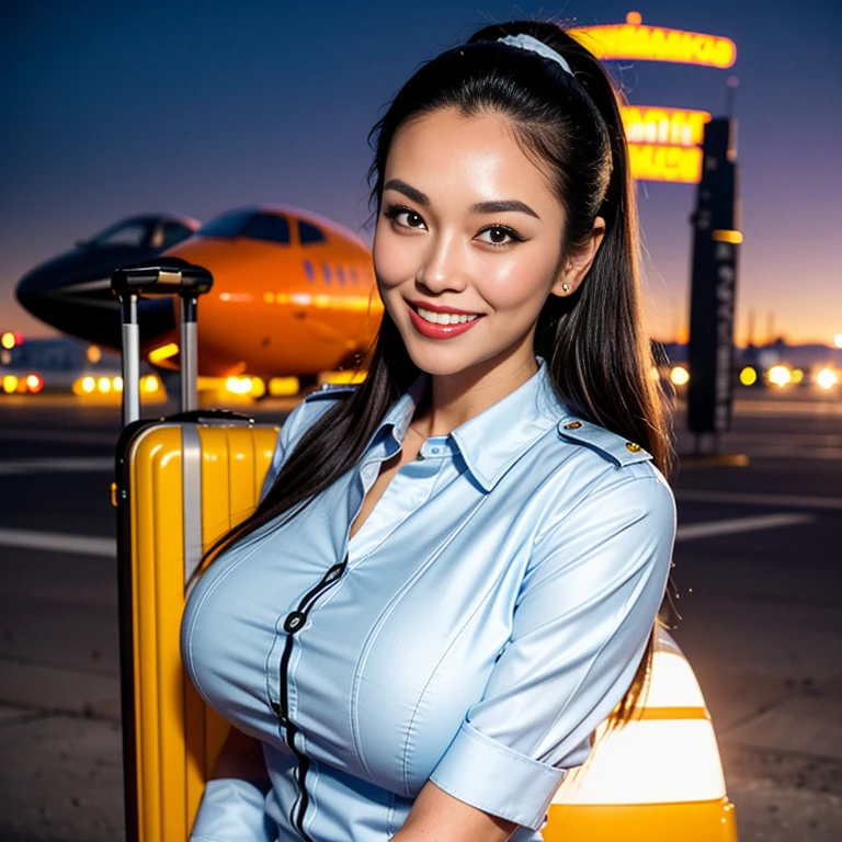 (Thai woman),(highponytail),(forehead),(Flight attendant uniforms:1.5),(short skirt),(enormous breasts:1.6),(slim waist:1.3),(Rolling luggage:1.3),(smile:1.5),(night:1.3),(aircraft runway in the background:1.5), (cowboy shot:1.4),8k, UHD,