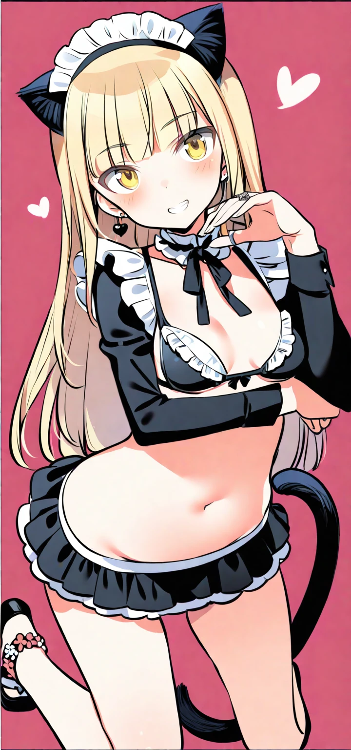 (8K, Best Quality, Ultra Detailliert, Highres, Absurdres, Perfect Anatomy:1.5, Masterpiece:1.5), (((1 Cute Girl))), (((perrine h. clostermann, perrine clostermann))), (((Yellow Eyes))), (((Black Glasses))), (((Long Long Hair:1.4, Bangs, Blust Bangs, Blonde Hair))), (((Black Cat Ears, Black Cat Tail))), (Slender Body, Dwarf:0.7), (((Small Breasts:1.0))), ((Big Hips:1.1)), (Smile:0.8), (Blush:1.1), (Grin:0.8), ((Heart)), (Frills Choker), (((Maid Bikini, Frills Bikini))), Floral Print, (Jewelry, Earrings, Necklace, Bracelet, Ring, Anklet), ((Kneeling Pose)), Head Tilt, Dutch Angle, ((Posed Photo)), ((Wide-Angle Photo)), (Simple BackGround, Simple Colour BackGround, Warm Colour BackGround)