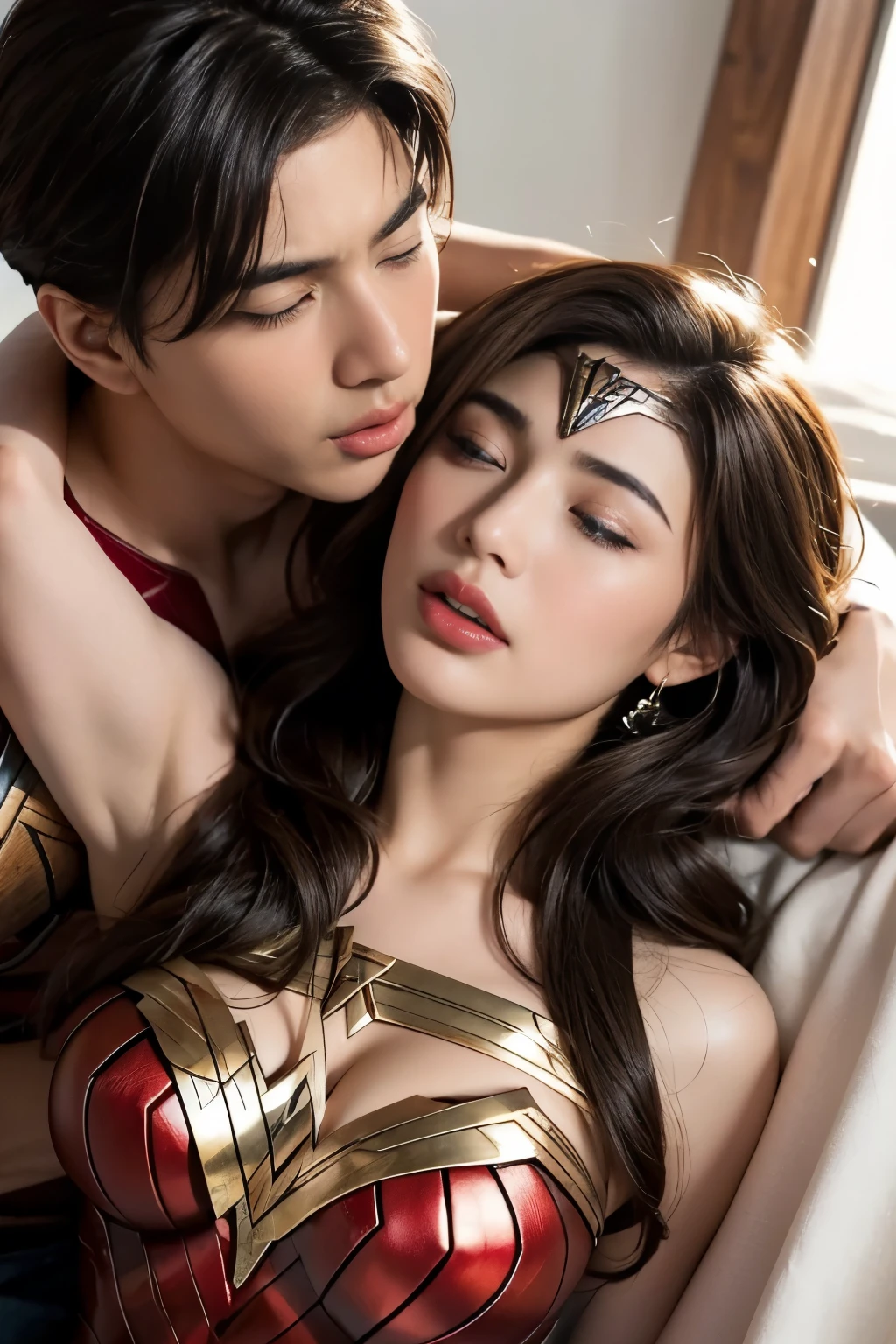 私はWonder Womanです、完璧なWonder Womanの衣装，On all fours,Hug from the front,お姫様Hugged,Hugged,Being strangled,You can hold it，Leaning on the man，Hugged，Can be lifted，Men lick my face with their tongues,The guys lick my head with their tongues,Men lick my hair with their tongues,My body is licked by men,sleeping face,Close ~ eyes,Open your mouth,Tired face,Face of Suffering,sleeping face,Being slapped in the face,Getting punched in the face,Fighting with men,Fight with the men,Surrounded by men,,Caught between the men,Being held back by men,Entanglement with males, Attacked by men,Brown Hair,  masterpiece、beautiful girl、fine 目、puffy eyes、highest quality, 超High resolution, (reality: 1.4), Cinema Lighting,so beautiful、Beautiful Skin、(超reality的な)、(High resolution)、(8k)、(Very detailed)、(beautiful and fine 目)、(Very detailed)、 Detailed face、Diagonal bangle hair、Brown Hair、20-year-old、Wonder Womanのコスプレ，Wonder Woman