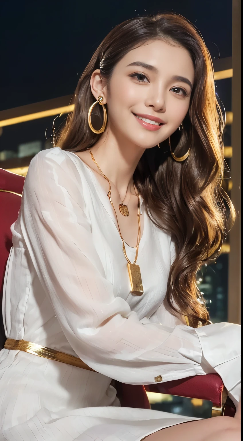 masterpiece, highest quality, realistic, Super detailed, small details, High resolution, 8k wallpaper, 1 beautiful woman, light brown messy hair, perfect dynamic composition, beautiful and detailed eyes、in the stylish office at night、((Super long brown hair:1.2))、((Hair with loose waves inside:1.2)),((gold necklace_Large earrings:1.2)),((shy smile:1.3)),((wearing a white shirt dress:1.4)),((sitting on a chair, night view terrace background:1.3)),((look down at the viewer,from below:1.5))