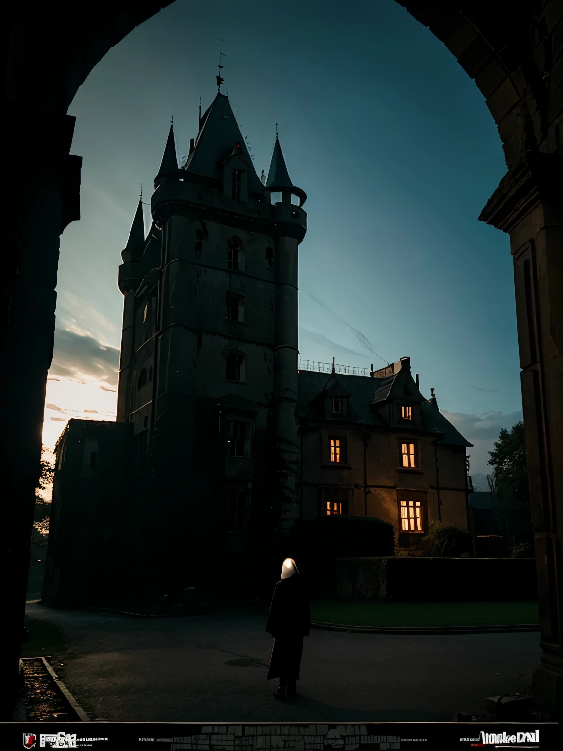 Movie poster featuring a scary ghost inside a dark old castle 