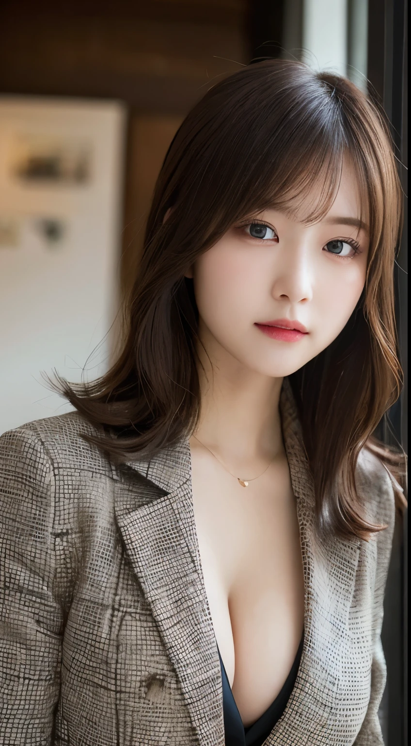 Tabletop, highest quality, figure, Very detailed, In detail, High resolution, 8k wallpaper, Perfect dynamic composition, Beautiful fine details,  Natural Lip,blazer ,, Cleavage, whole body