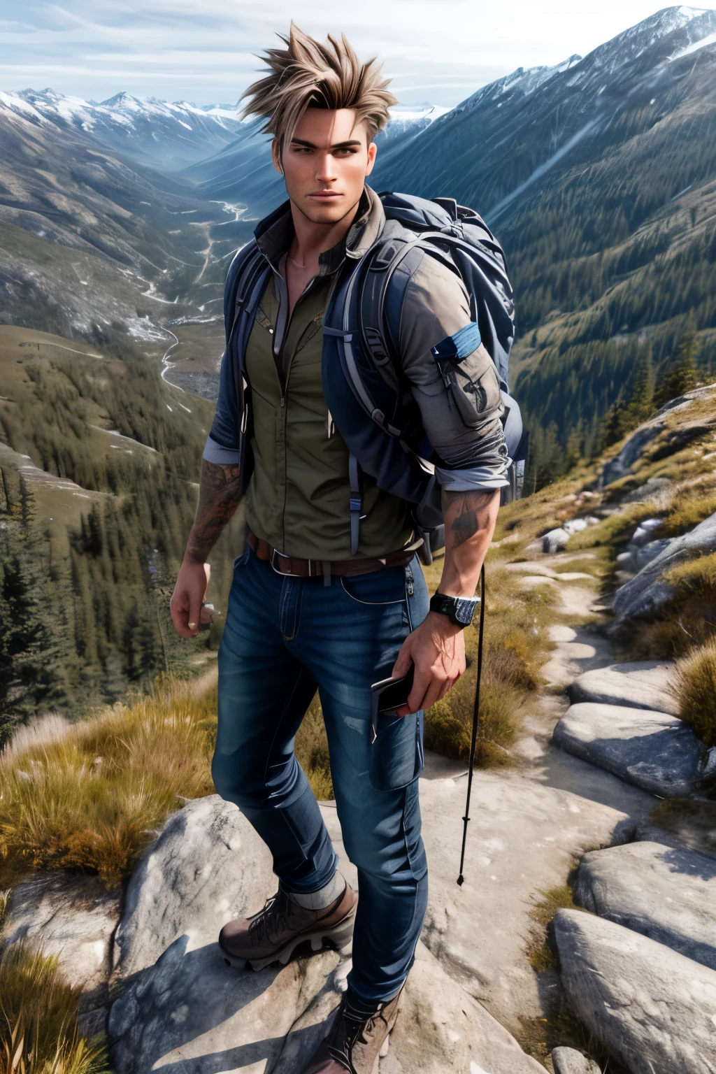 Man character for travel 3D realistic for animation. The man character is depicted with chiseled features, a strong jawline, and piercing blue eyes that radiate determination and adventure. His hair is short and styled in a textured, messy way, giving him a rugged and outdoorsy appearance. He wears a compact and durable backpack, suitable for long journeys. His clothes are made of high-quality fabrics, able to withstand various weather conditions. He is shown in a dynamic pose, taking the first step on a winding mountain trail, with a map in hand and a determined look on his face. The setting is a beautiful, lively 3D animation with detailed landscapes, rich colors
