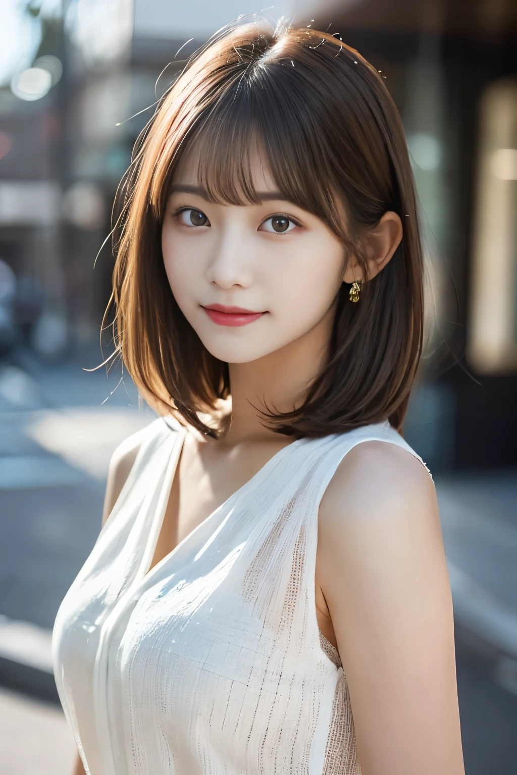 White see-through blouse,Face Interview, (Photo realistic:1.4), (hyper Realistic:1.4), (Realistic:1.3), (Smooth lighting:1.05), (Improve the quality of your video lighting:0.9), 1 female, 20-year-old woman, Realistic lighting, Backlight, Facial Light, Ray Tracing, (Cheerfulness:1.2), (Improved image quality:1.4), (Highest quality real texture skins), Detailed, Small face, Red cheeks, Skinny body, Pointed jaw of mesothorax,,,,,, Korean Idol, Nogizaka Idol, Glowing Skin, Burning idol pose, p, Blunt bangs, Light brown hair, Hair behind the ear, Hair that falls over the shoulders, Long Hair,Tear bags，Summer Plateau、White Dress、