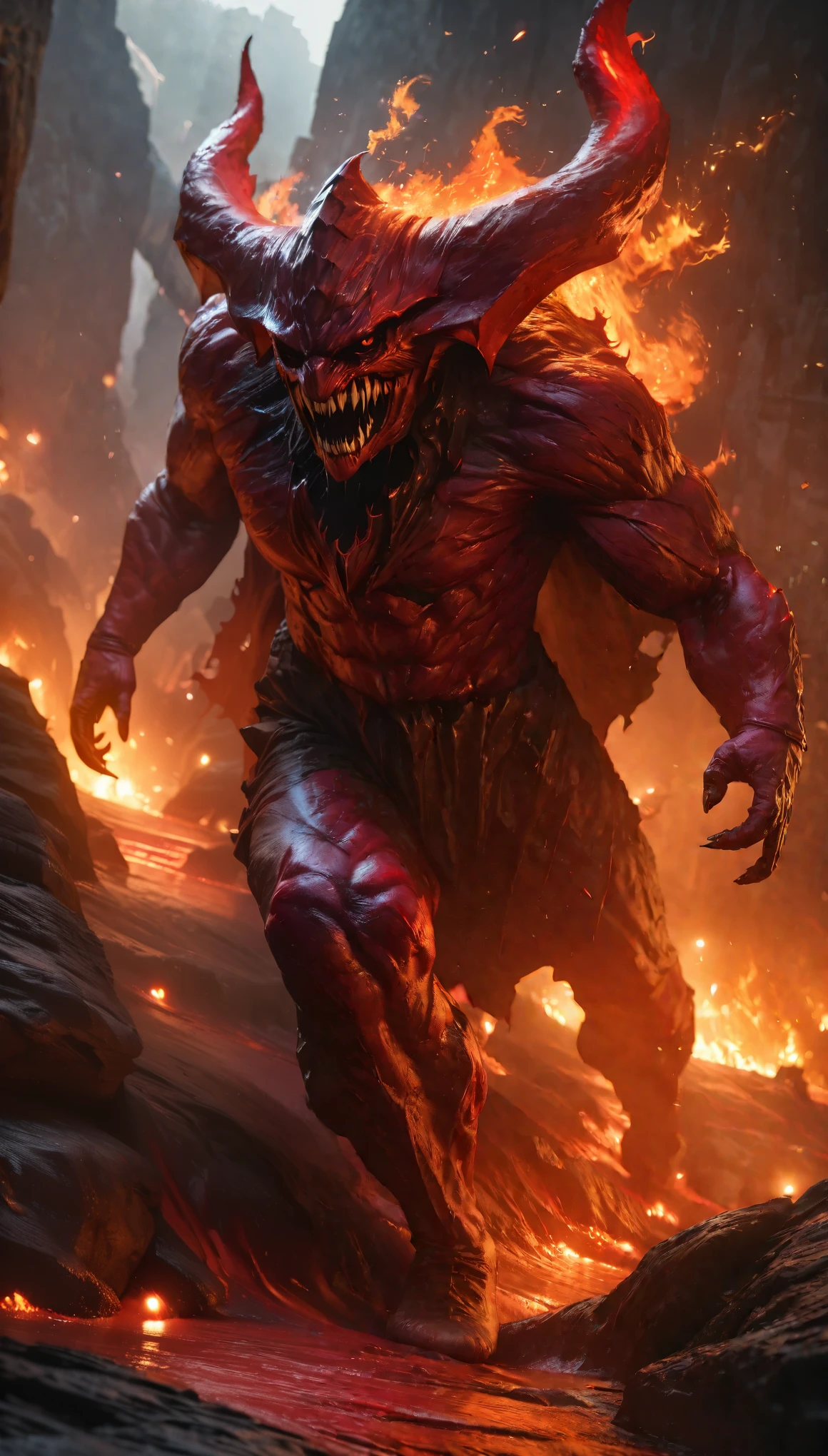 lava demon,demonic figure,lava body,flames swirling,lava river,volcanic background,dark color palette,horror atmosphere,(best quality,4k,8k,highres,masterpiece:1.2),ultra-detailed,(realistic,photorealistic,photo-realistic:1.37),HDR,UHD,studio lighting,ultra-fine painting,sharp focus,physically-based rendering,extreme detail description,professional,vivid colors,bokeh,horror,landscape,fiery reds and dark blacks,sinister lighting.