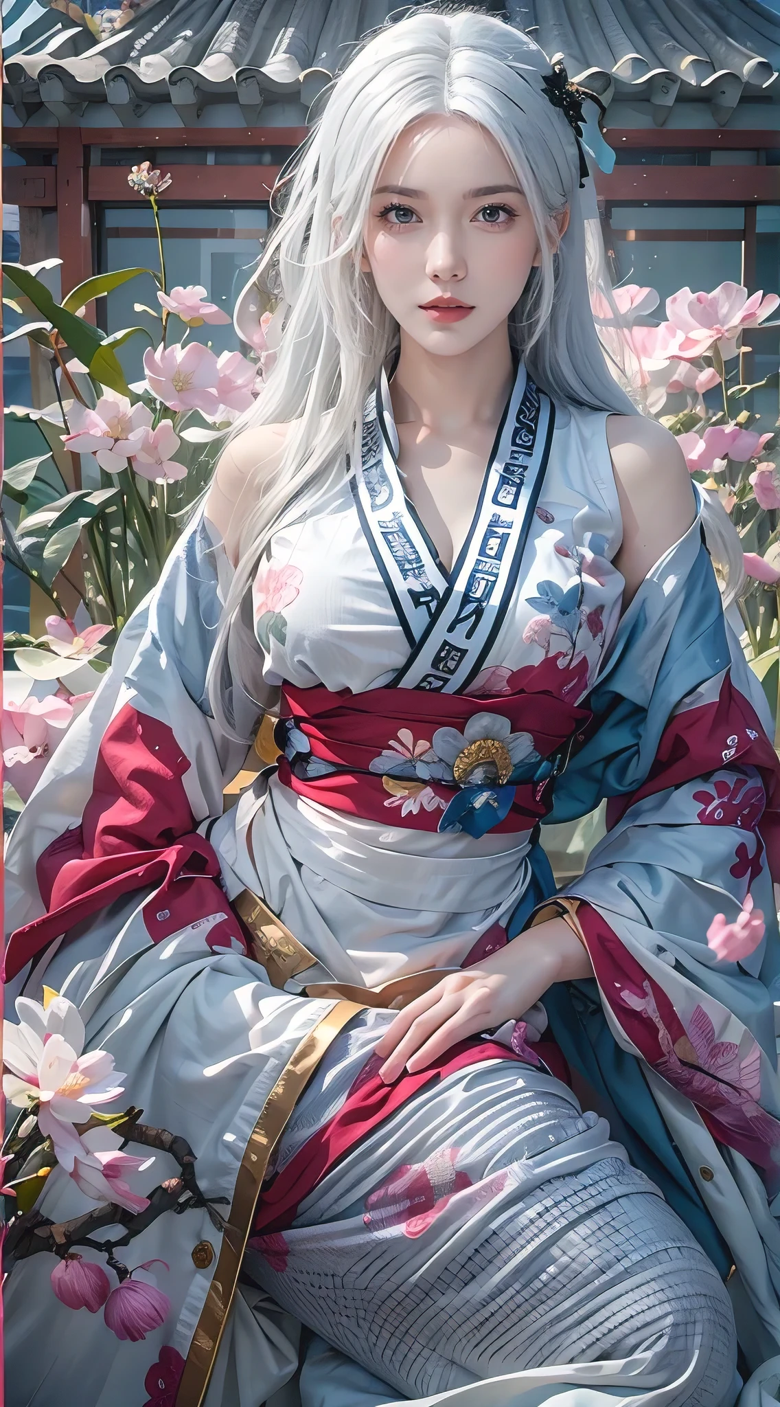 photorealistic, high resolution, soft lights, 1women, solo, hips up, blue eyes, white hair, long hair, blue eyes, red lips, jewelry, taoist robe, tattoo, cherry blossom