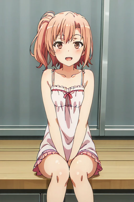 ((highest quality)), ((masterpiece)), (be familiar with), Perfect Face, indoor, Bedroom, Watching the audience,
One woman, Yuigahama Yui,
Open Mouth, Ecstatic expression, blush, smile,
Small breasts, Flat Chest, Young Girl, , , Girl,
Short Hair, Salmon-colored hair, Salmon-colored eyes, Side Pony,
Leg spread,