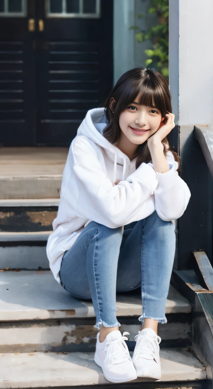 highest quality, Realistic, Very detailed, Finer details, High resolution, 8k wallpaper, One beautiful woman,Sit on the stairs、smile、、 Oversized hoodie, Skinny jeans,( Black sneakers)、Black Hair、 Beautiful Bangs、ear piercing、Perfect dynamic composition, Beautiful and detailed, Full Body Shot, A big smile waiting to start