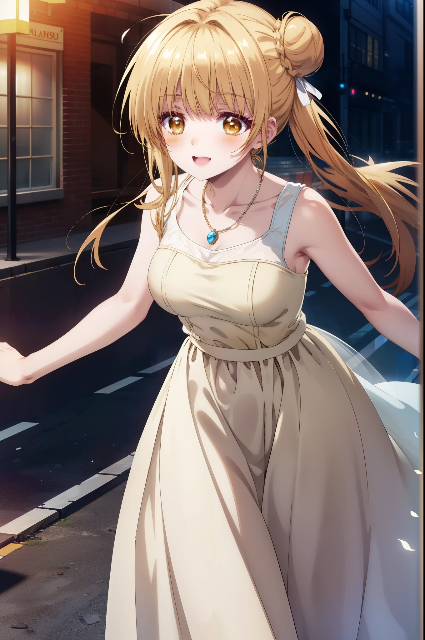 mahirushiina, Mahiru shiina, blonde, (Brown eyes:1.7), Long Hair, happy smile, smile, Open your mouth,Hair Bun, single Hair Bun,blush,Open your mouth,Locket Necklace,Sleeveless dress,Long skirt skirt,Cute heeled sandals、Walking,
break looking at viewer, whole body,crowd, people々々,
break outdoors, In town,Building district,
break (masterpiece:1.2), highest quality, High resolution, unity 8k wallpaper, (shape:0.8), (Beautiful details:1.6), Highly detailed face, Perfect lighting, Extremely detailed CG, (Perfect hands, Perfect Anatomy),