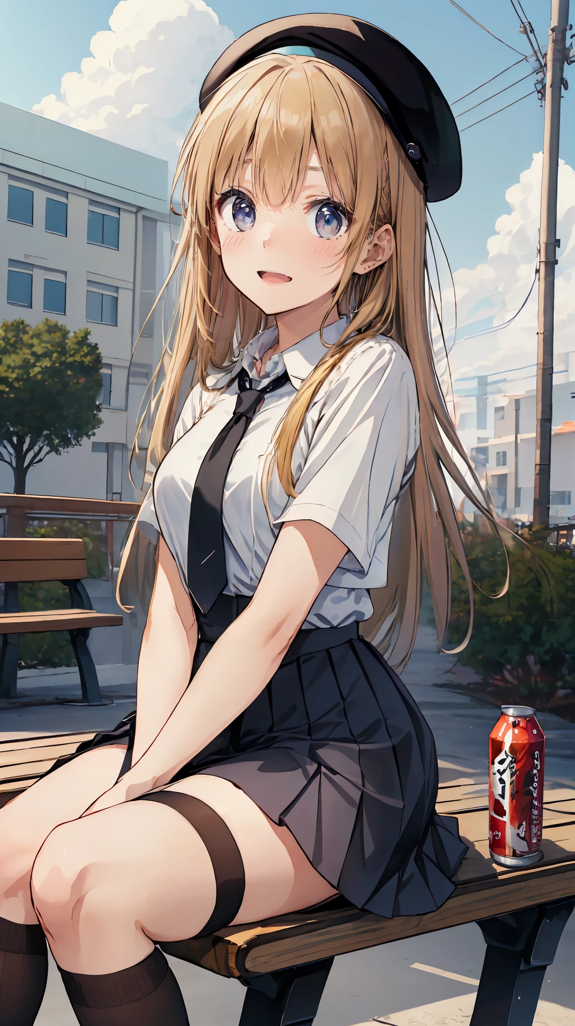 (masterpiece, best_quality), extremely detailed CG unity 8k wallpaper, super fine illustration, (anime_style), Woman posing for a photo, A shy smile, Small open mouth, Long Hair, Straight hair, Fine skin, Beautiful Hands, Beautiful fingers, Wearing a beret, tie, Small breasts, Short sleeve blouse, Pleated skirt, Thighs, Absolute area, Knee socks, Daytime, Hot summer day, School, Schoolyard, Sitting on a bench, holding Canned juice, Natural light, Detailed face:1.2, Sharp focus, Hasselblad Photos, masterpiece, light makeup, Cinematic lighting, 4k, sharpness, Anime Style, whole body, Canned juice, 