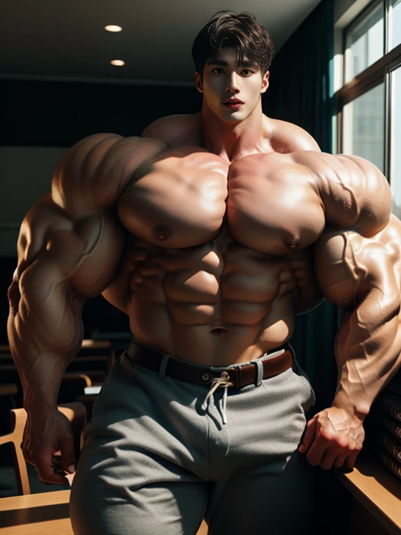 (best quality:1.5, hyperrealistic:1.5, photorealistic:1.4, madly detailed CG unity 8k wallpaper:1.5, masterpiece:1.3, enthusiastically detailed photo:1.2), (hyper-realistic lifelike texture:1.4), highly detailed, ((masterpiece, best quality)), retouched, extremely detailed 8K wallpaper, 1 korean male, (korean man with k-pop idol look), 20yo, handsome, hyper muscle, stubble, firm, wear policeman costume & pants, big guy, photo real, illuminating light, brutalmass, giant muscular bodybuilder, bulk, massive body, large size, posing, indoor, investigation room
