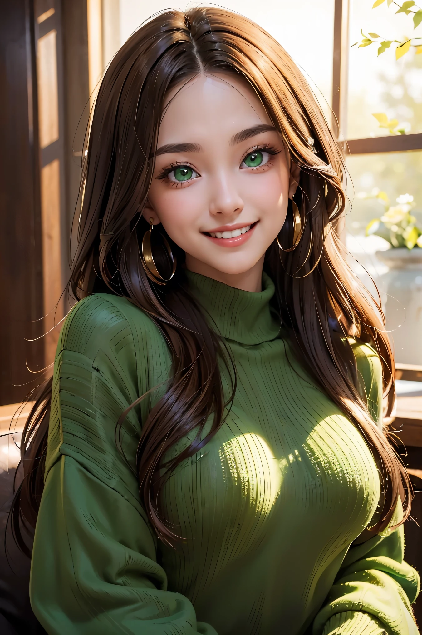 A stunning masterpiece of a high-res portrait of a beautifully detailed girl with long, shiny brown hair and mesmerizing green eyes, wearing a cozy sweater and flashing a gorgeous smile that accentuates her small yet perfectly-formed breasts.