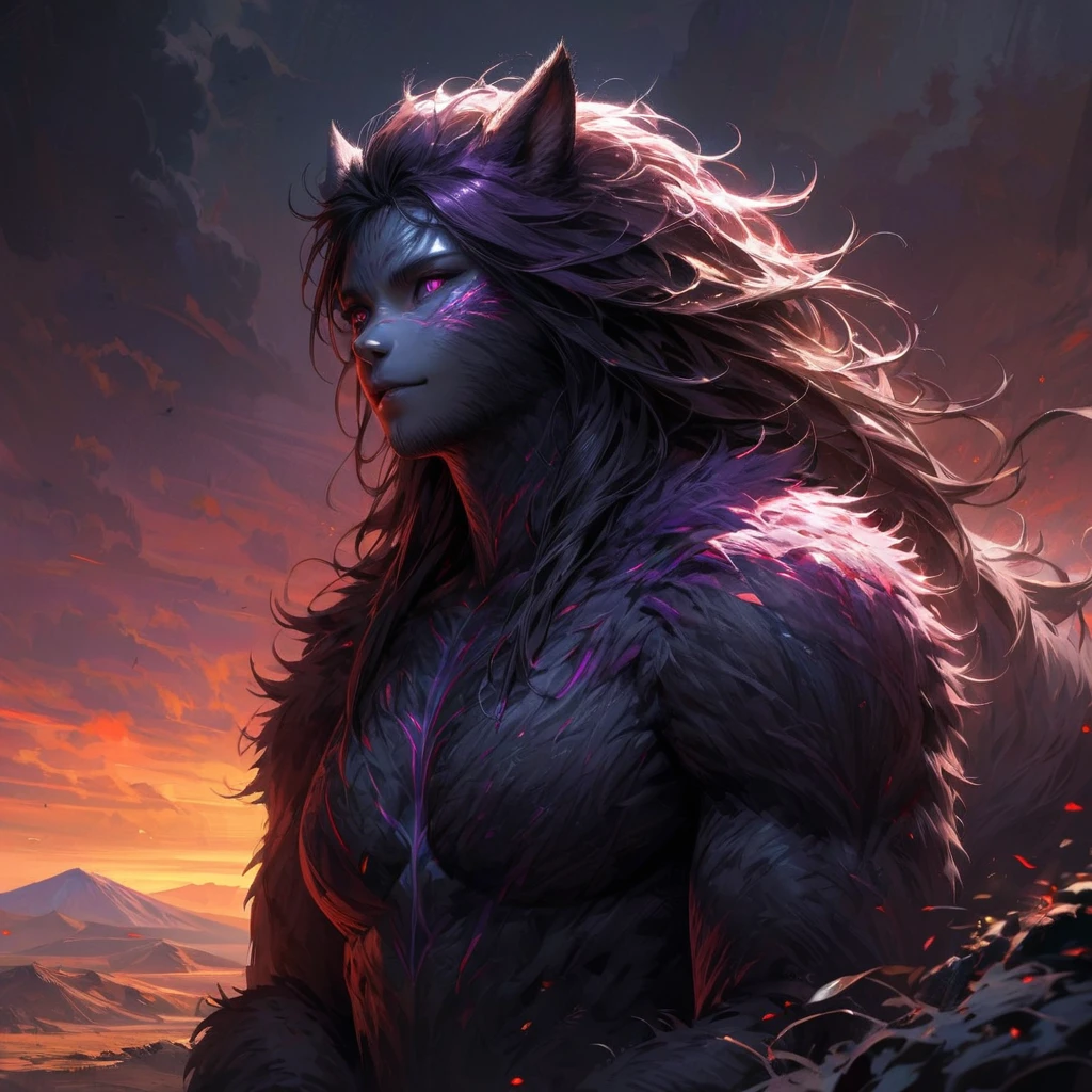 [Best Quality, Shaded, Extreme Detail, Highly Detailed, Ultra Detailed, Intricate, Realistic, Perfect Face, Full Body Portrait], Fenrir Woman, Thick Fur, Full Tail, Long Hair, (Black Color Fur), Eyes almond (dark purple color), discreet smile, serene face, animal clothing (a completely hairy humanoid body), [detailed landscape, harmonious color palette, striking contrast between light and darkness], apocalyptic landscape at sunset sun, sky with a few clouds.