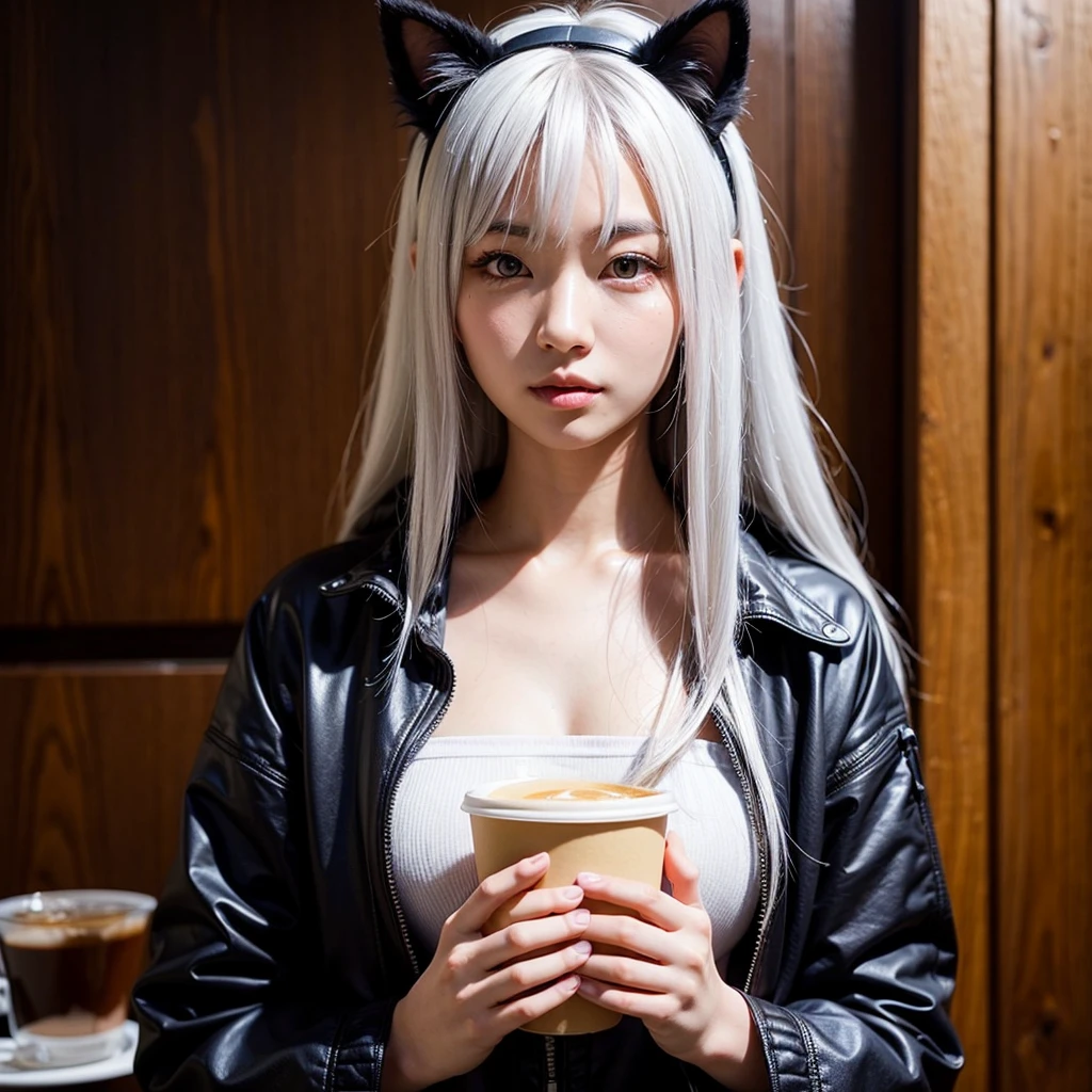 japanese girl with cat ears wearing a jacket long white hair with purple eyes drinking coffee, close up face shot, realistic best quality, perfect body, beautiful face, accurate details, background is dark coffee shop with wood accent