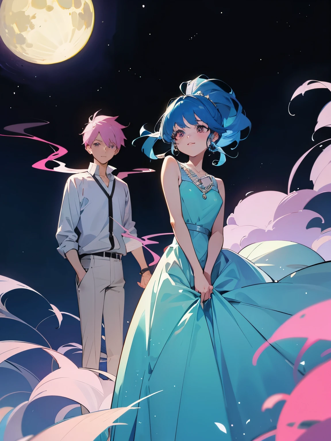 cartoon of a boy and a girl standing close together, ddlc, in the art style of 8 0 s anime, 9 0 s anime style, 90s anime style, in anime style, in an anime style, anime aesthetic, anime vibes, 9 0 s anime aesthetic, 9 0 s anime art style, lofi boy and girl, beautiful background outside, background at night with stars and a moon, fairy lights, beautiful background in a floral garden with fairy lights at night, a cute boy and a cute girl, beautiful faces, a boy and a girl, don't extra hands, NO extra hands, generate a boy and a girl with NO extra hands, NO extra arm, the boy has a short hairstyle and the girl has a long hairstyle, the boy has blue hair, the girl has pink hair, pretty faces, cute pretty boy in a smoking dress, cute pretty girl in a beautiful dress, with amazing smile, boy has a pretty smile, girl has a cute smile, cartoon of a boy and a girl standing close together, ddlc, in the art style of 8 0 s anime, 9 0 s anime style, 90s anime style, in anime style, in an anime style, anime aesthetic, anime vibes, 9 0 s anime aesthetic, 9 0 s anime art style, lofi boy and girl, beautiful background outside, background at night with stars and a moon, fairy lights, beautiful background in a floral garden with fairy lights at night, a cute boy and a cute girl, beautiful faces, a boy and a girl, don't extra hands, NO extra hands, generate a boy and a girl with NO extra hands, NO extra arm, the boy has a short hairstyle and the girl has a long hairstyle, the boy has blue hair, the girl has pink hair, pretty faces, cute pretty boy in a smoking dress, cute pretty girl in a beautiful dress, with amazing smile, boy has a pretty smile, girl has a cute smile