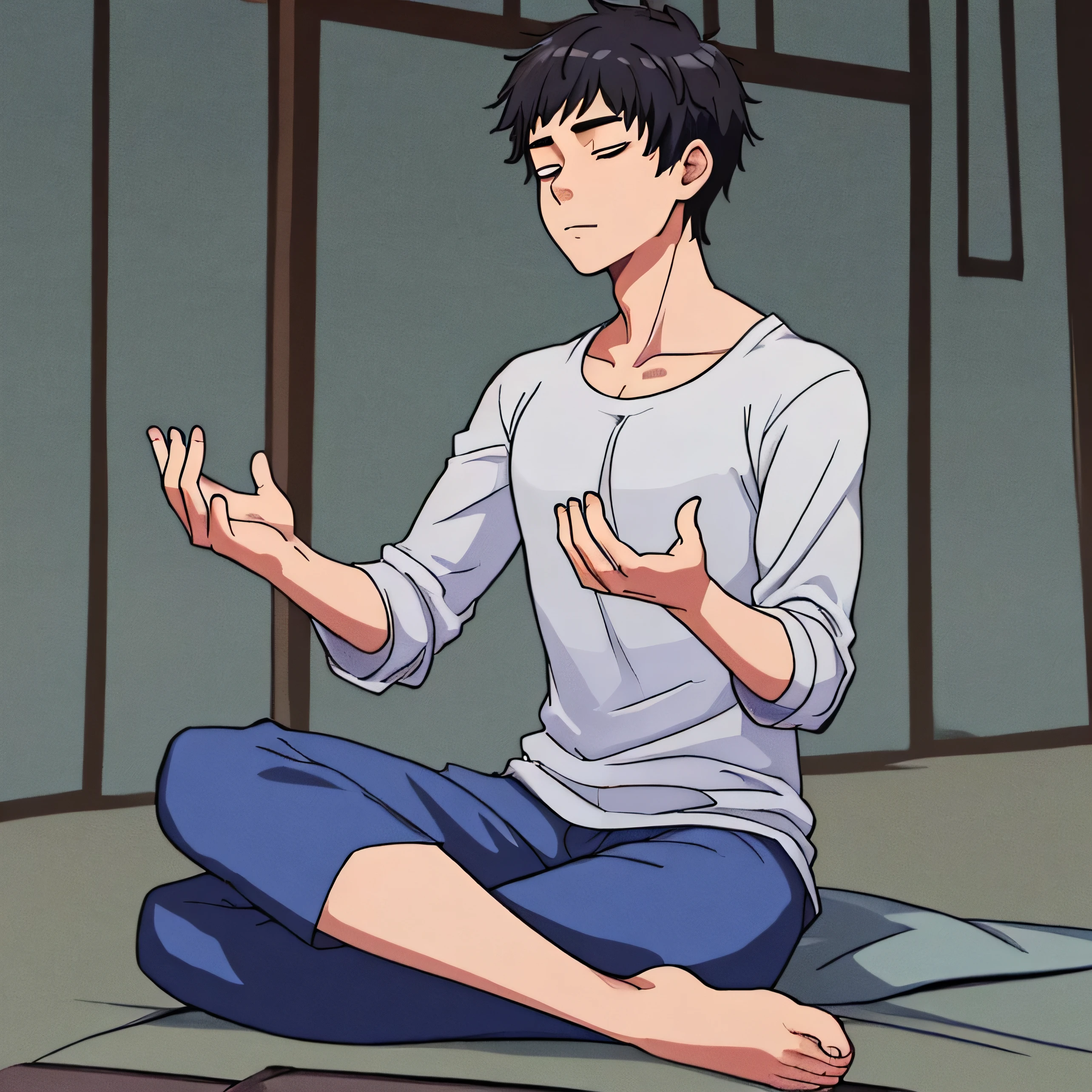 A young man is doing meditation.