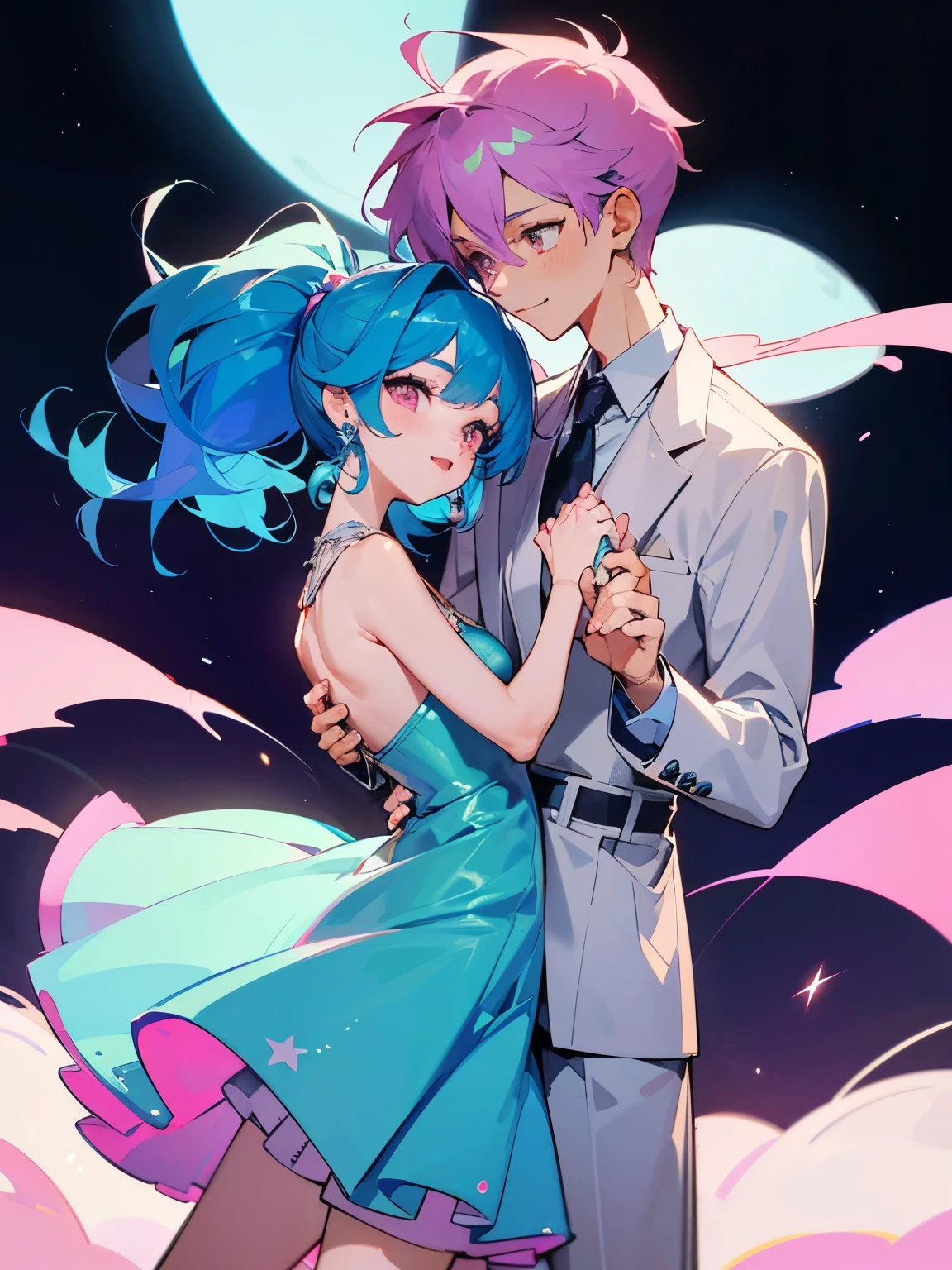 cartoon of a boy and a girl standing close together, ddlc, in the art style of 8 0 s anime, 9 0 s anime style, 90s anime style, in anime style, in an anime style, anime aesthetic, anime vibes, 9 0 s anime aesthetic, 9 0 s anime art style, lofi boy and girl, beautiful background outside, background at night with stars and a moon, fairy lights, beautiful background in a floral garden with fairy lights at night, a cute boy and a cute girl, beautiful faces, a boy and a girl, don't extra hands, NO extra hands, generate a boy and a girl with NO extra hands, NO extra arm, the boy has a short hairstyle and the girl has a long hairstyle, the boy has blue hair, the girl has pink hair, pretty faces, cute pretty boy in a smoking dress, cute pretty girl in a beautiful dress, with amazing smile, boy has a pretty smile, girl has a cute smile, cartoon of a boy and a girl standing close together, ddlc, in the art style of 8 0 s anime, 9 0 s anime style, 90s anime style, in anime style, in an anime style, anime aesthetic, anime vibes, 9 0 s anime aesthetic, 9 0 s anime art style, lofi boy and girl, beautiful background outside, background at night with stars and a moon, fairy lights, beautiful background in a floral garden with fairy lights at night, a cute boy and a cute girl, beautiful faces, a boy and a girl, don't extra hands, NO extra hands, generate a boy and a girl with NO extra hands, NO extra arm, the boy has a short hairstyle and the girl has a long hairstyle, the boy has blue hair, the girl has pink hair, pretty faces, cute pretty boy in a smoking dress, cute pretty girl in a beautiful dress, with amazing smile, boy has a pretty smile, girl has a cute smile