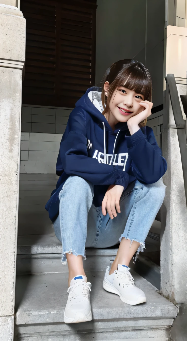 highest quality, Realistic, Very detailed, Finer details, High resolution, 8k wallpaper, One beautiful woman,Sit on the stairs、smile、、 Oversized hoodie, Skinny jeans,（ Black sneakers）、Black Hair、 Beautiful Bangs、ear piercing、Perfect dynamic composition, Beautiful and detailed, Full Body Shot, A big smile waiting to start