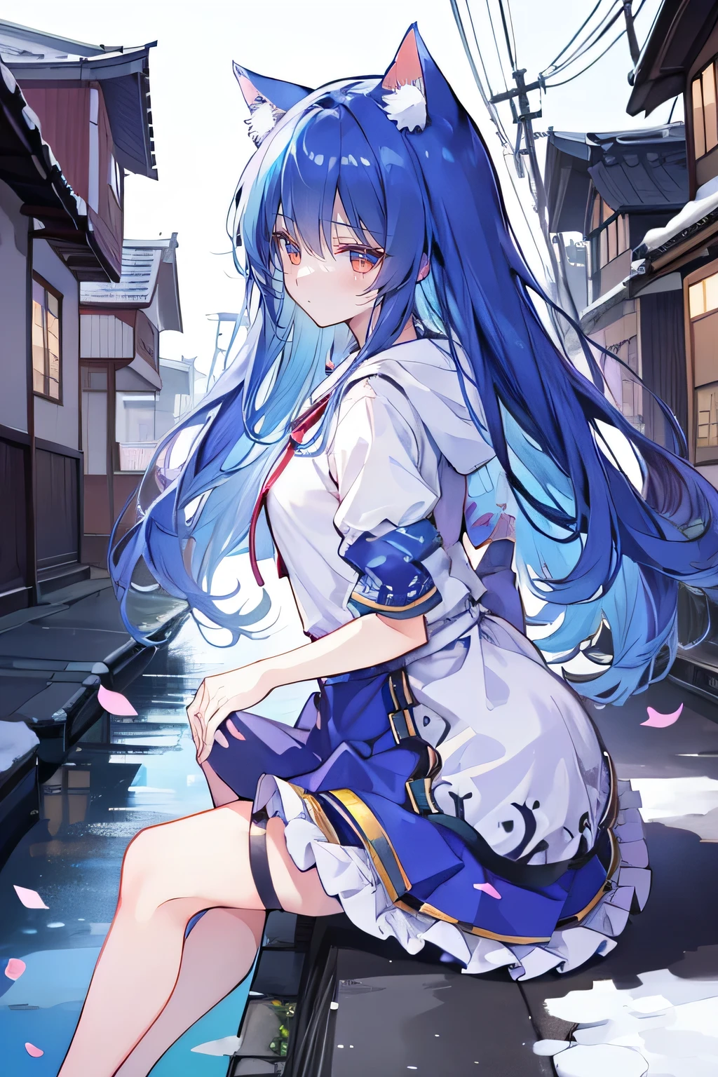 （masterpiece：1.2），Super detailed，lifelike，Expressive eyes，fair skin，perfect face shape，1 girl，
Japanese comics,Gorgeous blue hair,flowing blue hair,flowing clothes,Cat ears,Petals fall,beautiful lola,Baby Angel,
Shaking head with one hand，Cross your legs，Gentle and peaceful background，The pavilion is cool and comfortable,smile, wearing hoodie, background of tokyo,back views,snowing, winter.