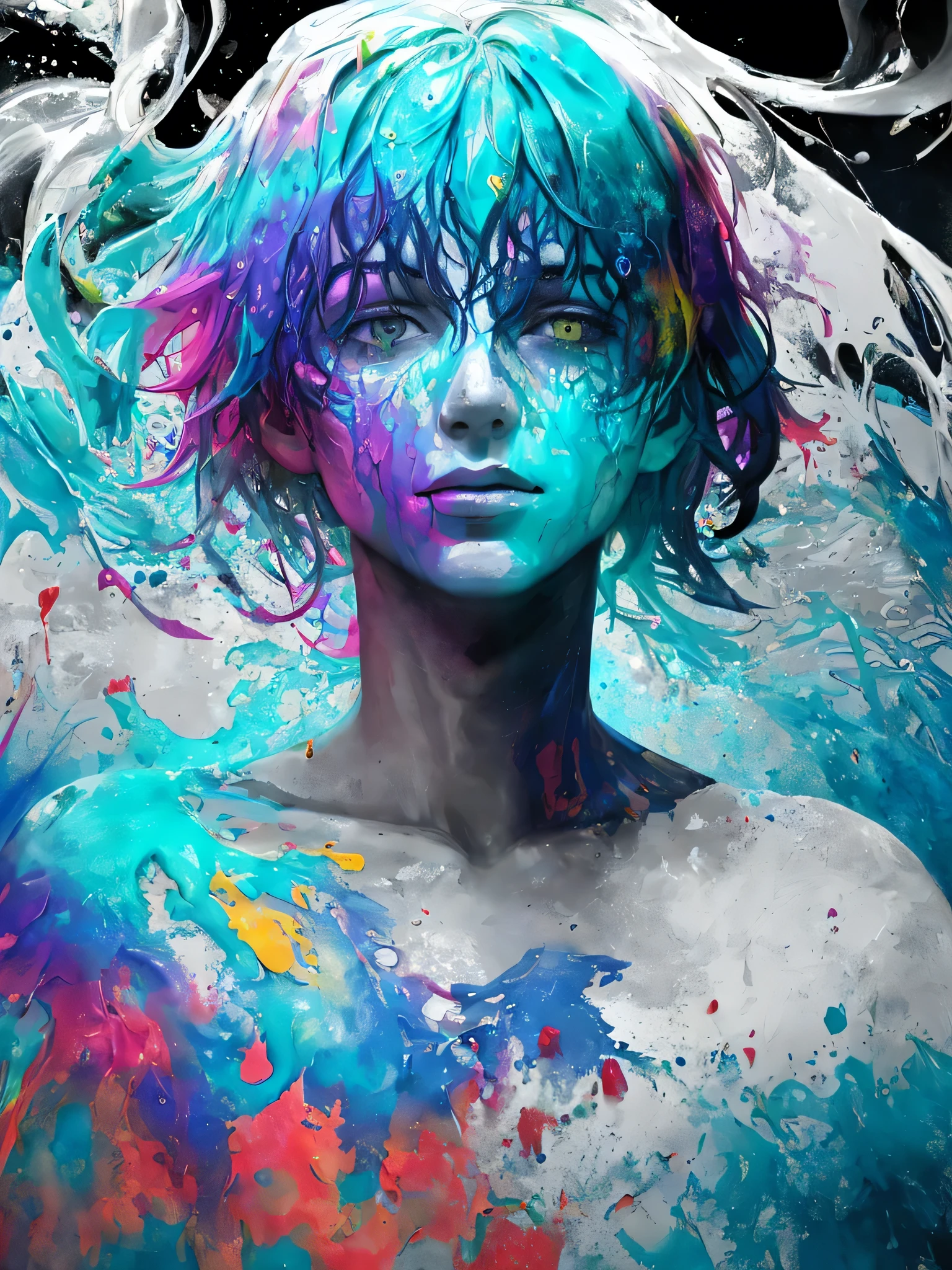 (portrait), absurdes, spilled eyes, multicolored rainbow color spill , rainbow, red yellow green gradient to pink short hair,wavy,tears, looking at viewer, blue crop top, torn clothes ,mountain((cloudy)) background, rainbow, ((bust up)), rainbow colored dreams