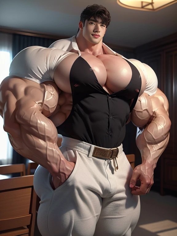 (best quality:1.5, hyperrealistic:1.5, photorealistic:1.4, madly detailed CG unity 8k wallpaper:1.5, masterpiece:1.3, enthusiastically detailed photo:1.2), (hyper-realistic lifelike texture:1.4), highly detailed, ((masterpiece, best quality)), retouched, extremely detailed 8K wallpaper, 1 korean male, (korean man with k-pop idol look), 20yo, handsome, hyper muscle, stubble, firm, wear policeman costume & pants, big guy, photo real, illuminating light, brutalmass, giant muscular bodybuilder, bulk, massive body, large size, posing, indoor, investigation room
