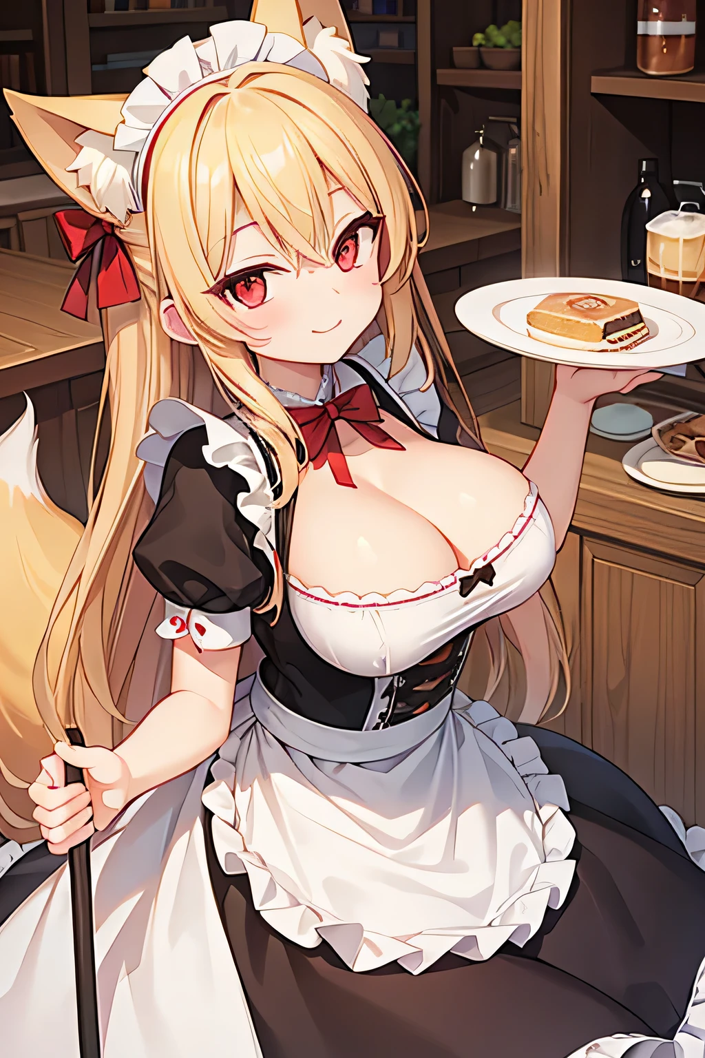highest quality、smile、Big Breasts、Cleavage、Maid clothes、Fox ears、Long blonde、Red Eye、Cafe
