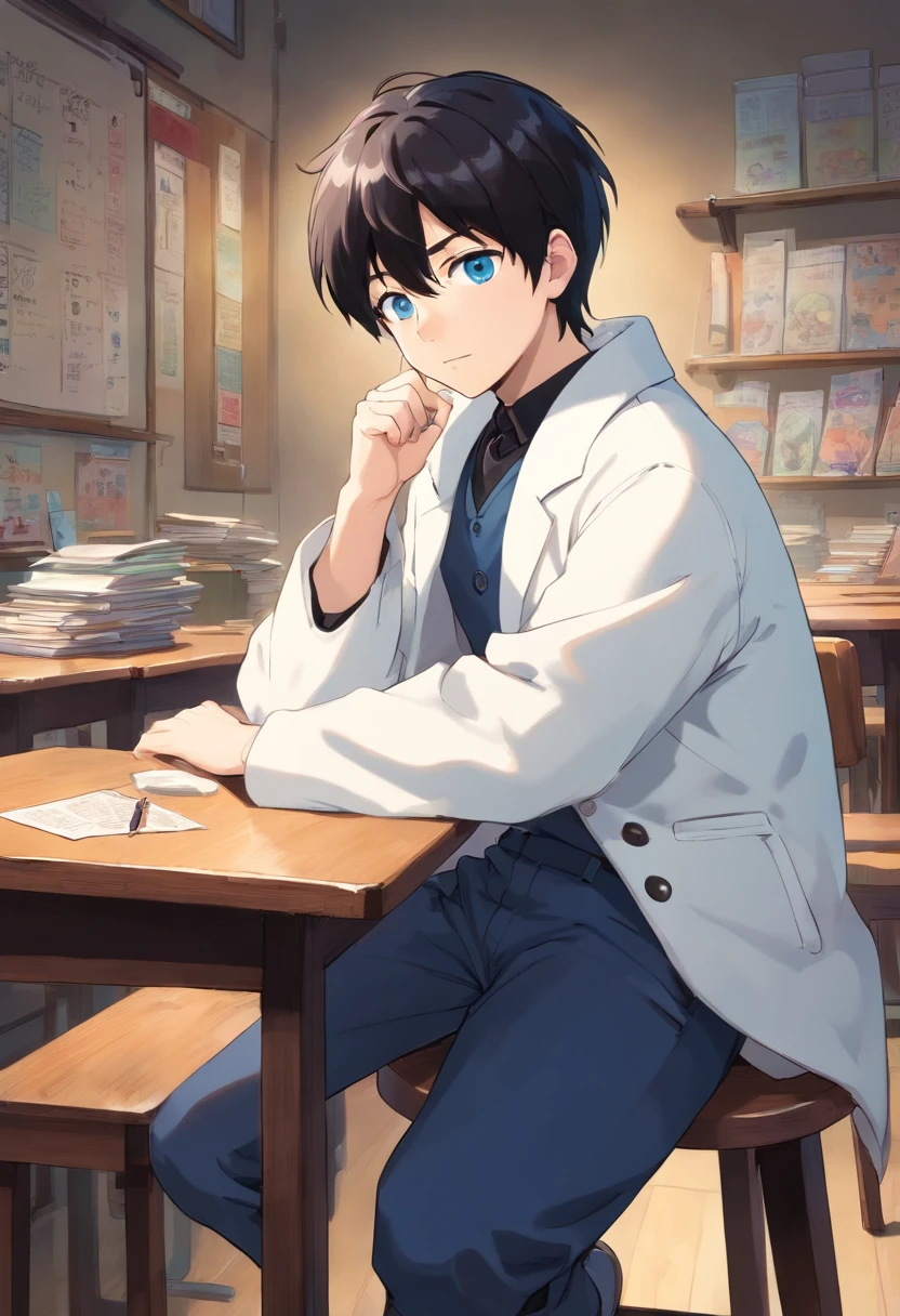 best quality: 1.0), (Ultra-high resolution: 1.0), anime boy, Black short hair, blue eyes, White coat, Black pants, Sleep on a stool, Classroom Background